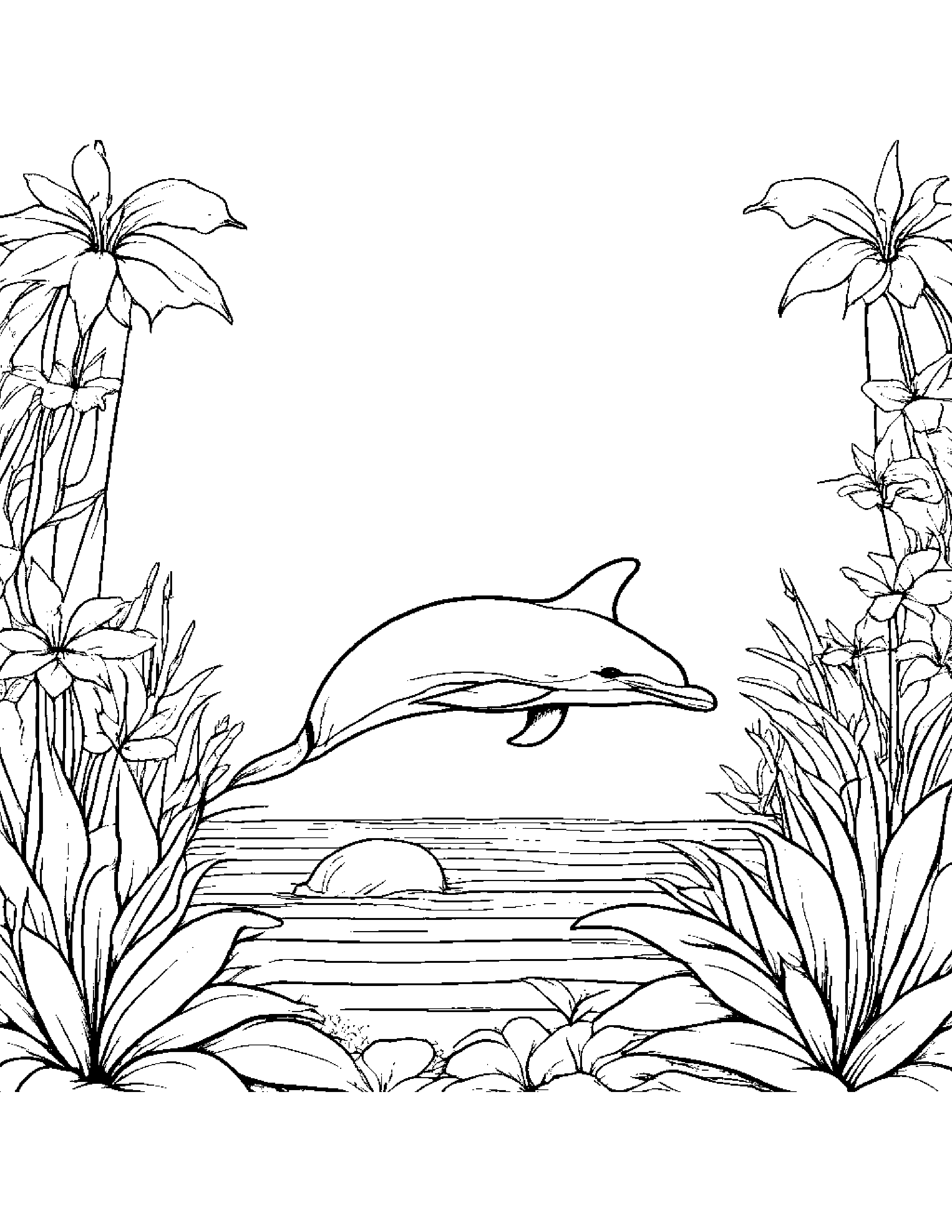 Dolphin Calf With A Tiny Bow In A Cozy Garden #3 Coloring Page (Free Printable PDF)