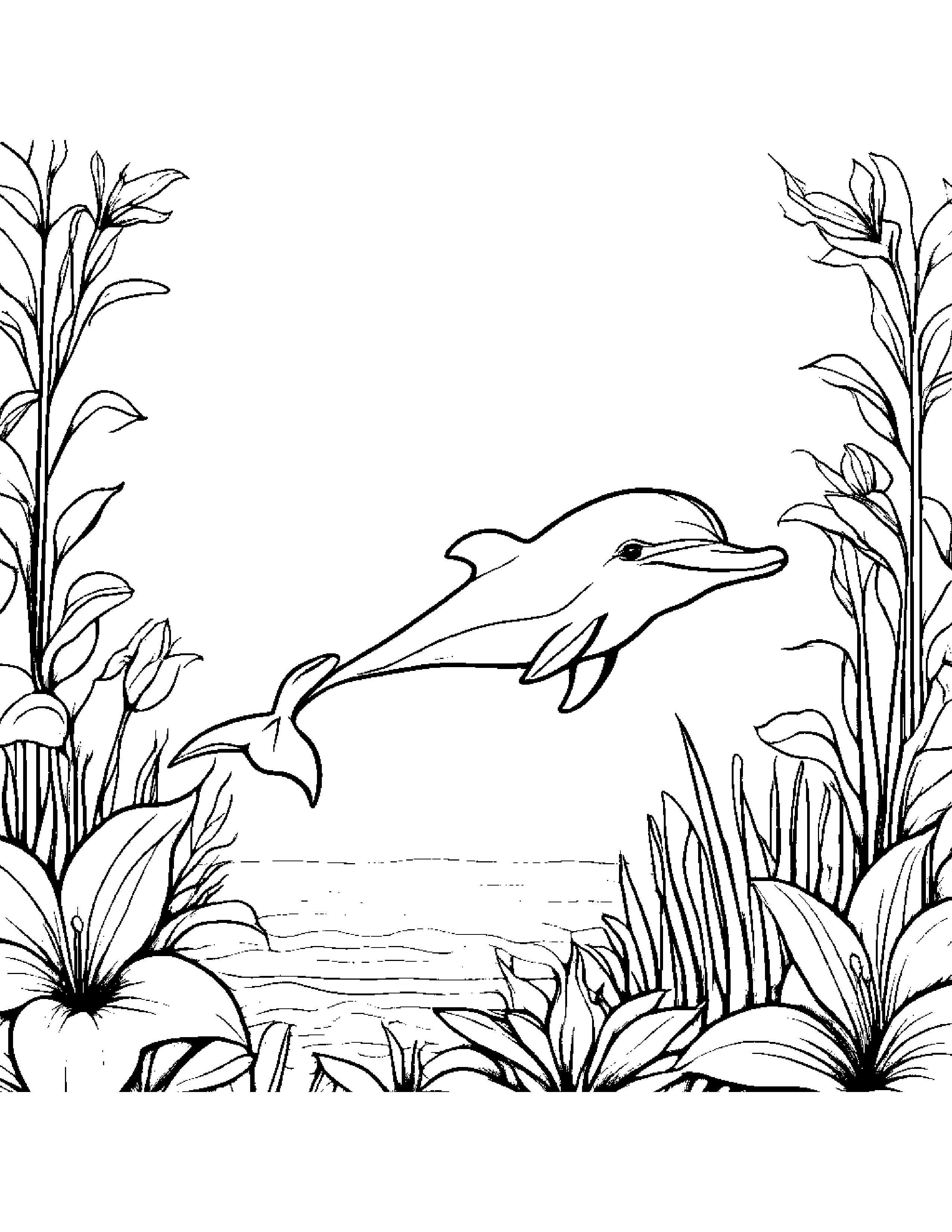 Dolphin Calf With A Tiny Bow In A Cozy Garden #4 Coloring Page (Free Printable PDF)