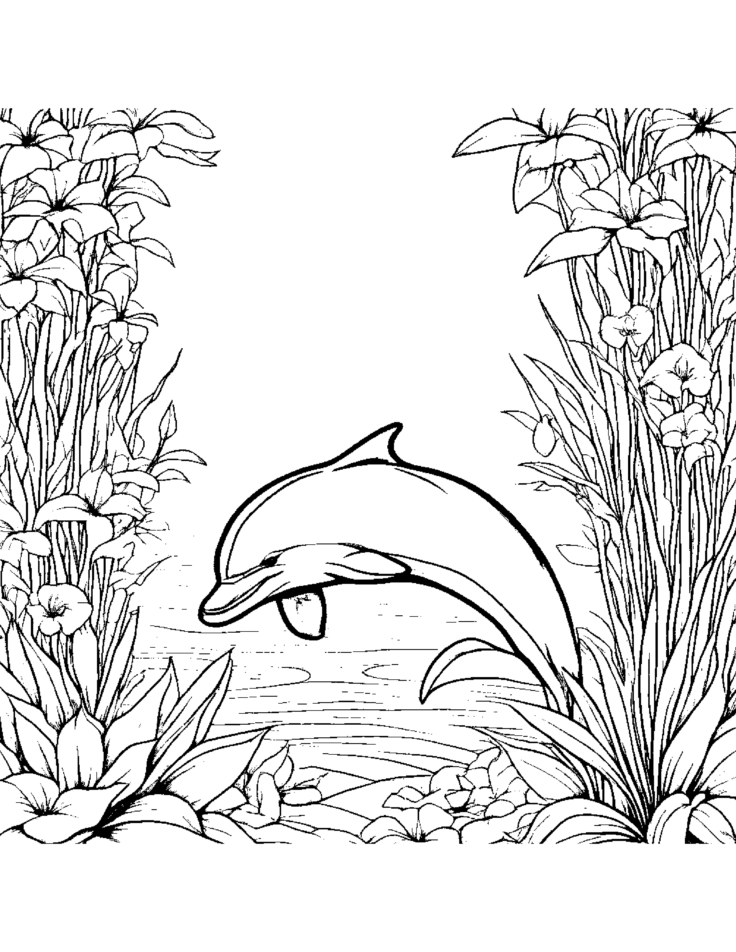 Dolphin Calf With A Tiny Bow In A Cozy Garden #5 Coloring Page (Free Printable PDF)