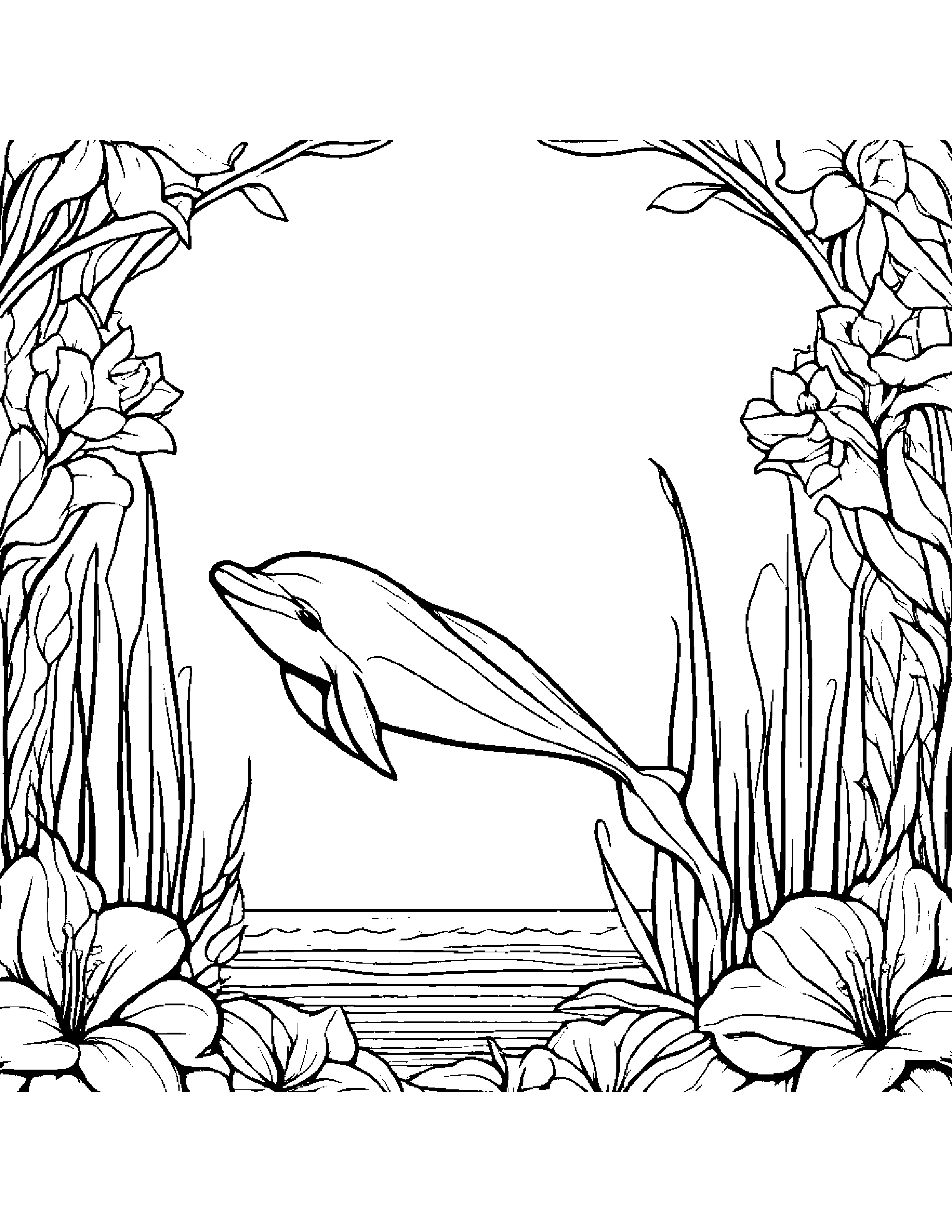 Dolphin Calf With A Tiny Bow In A Cozy Garden Coloring Page (Free Printable PDF)