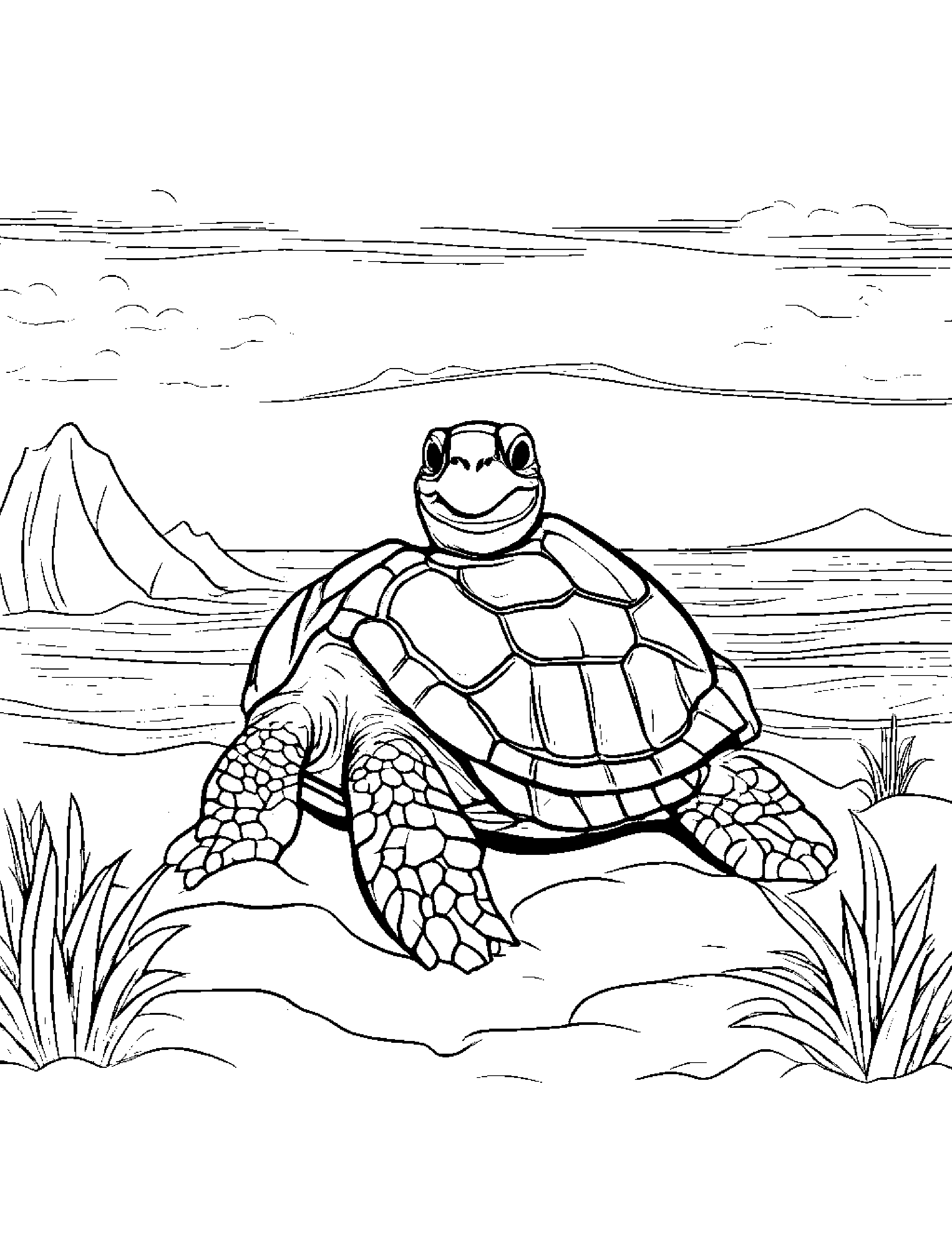 Friendly Sea Turtle Building A Sandcastle Coloring Page (Free Printable PDF)