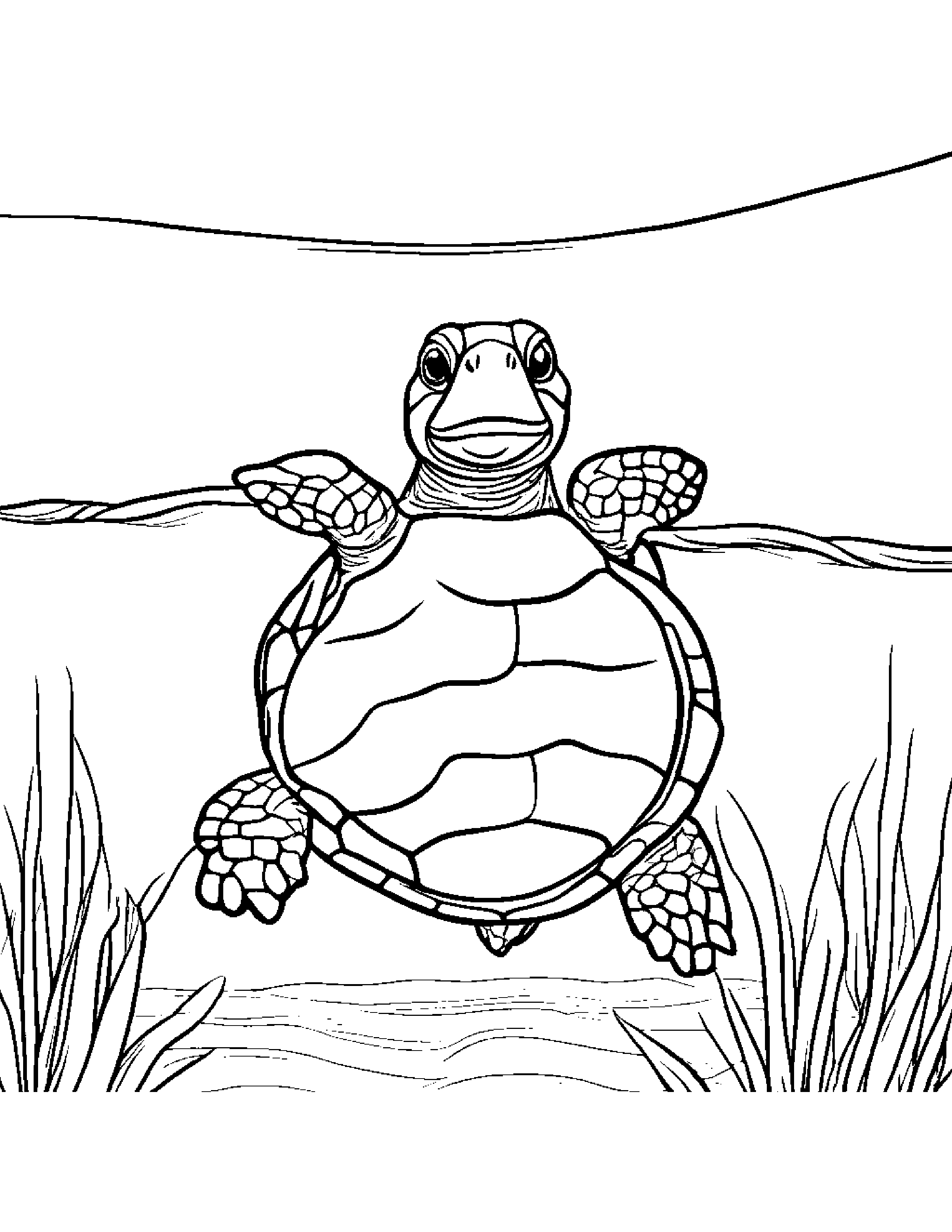 Happy Sea Turtle Balancing On A Line Coloring Page (Free Printable PDF)