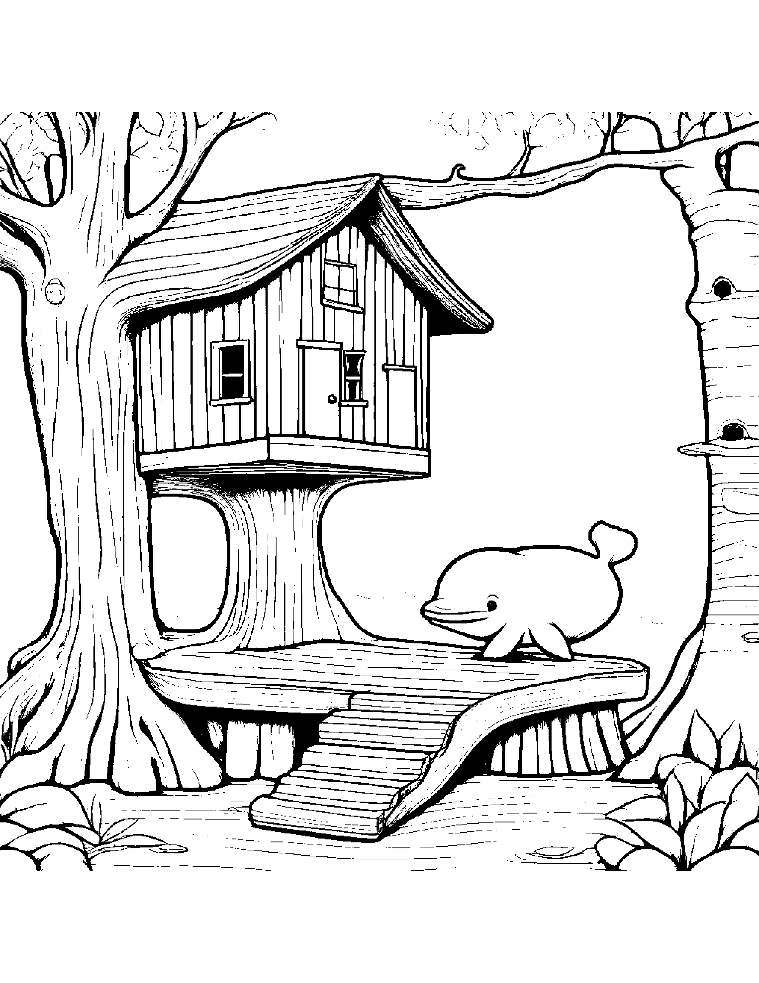 Kind Whale Calf Playing Hopscotch In A Treehouse Coloring Page (Free Printable PDF)
