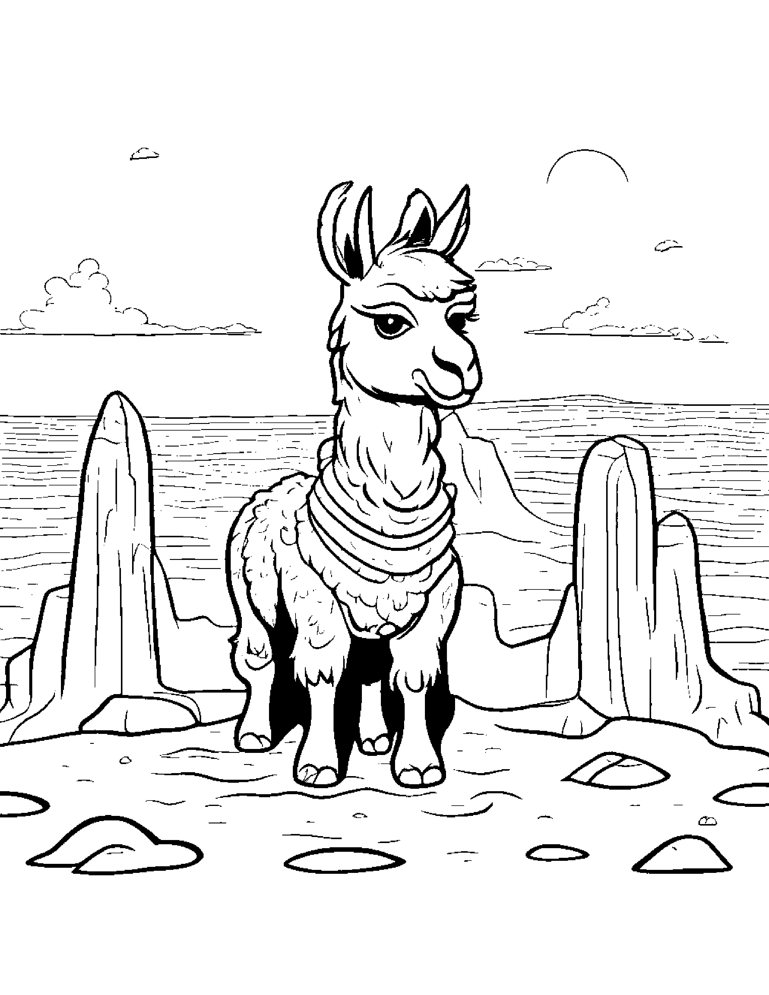 Llama Building A Sandcastle #3 Coloring Page (Free Printable PDF)