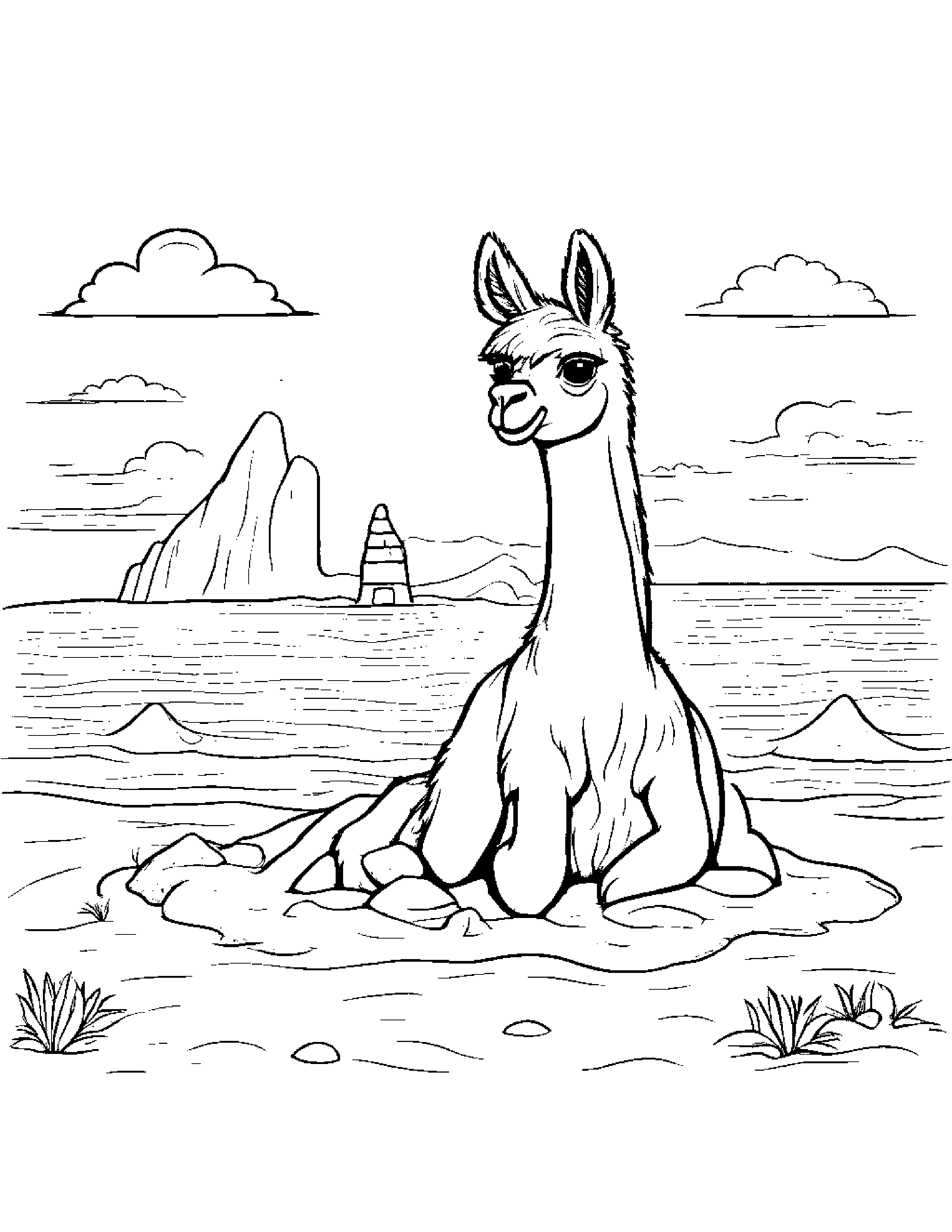 Llama Building A Sandcastle #4 Coloring Page (Free Printable PDF)