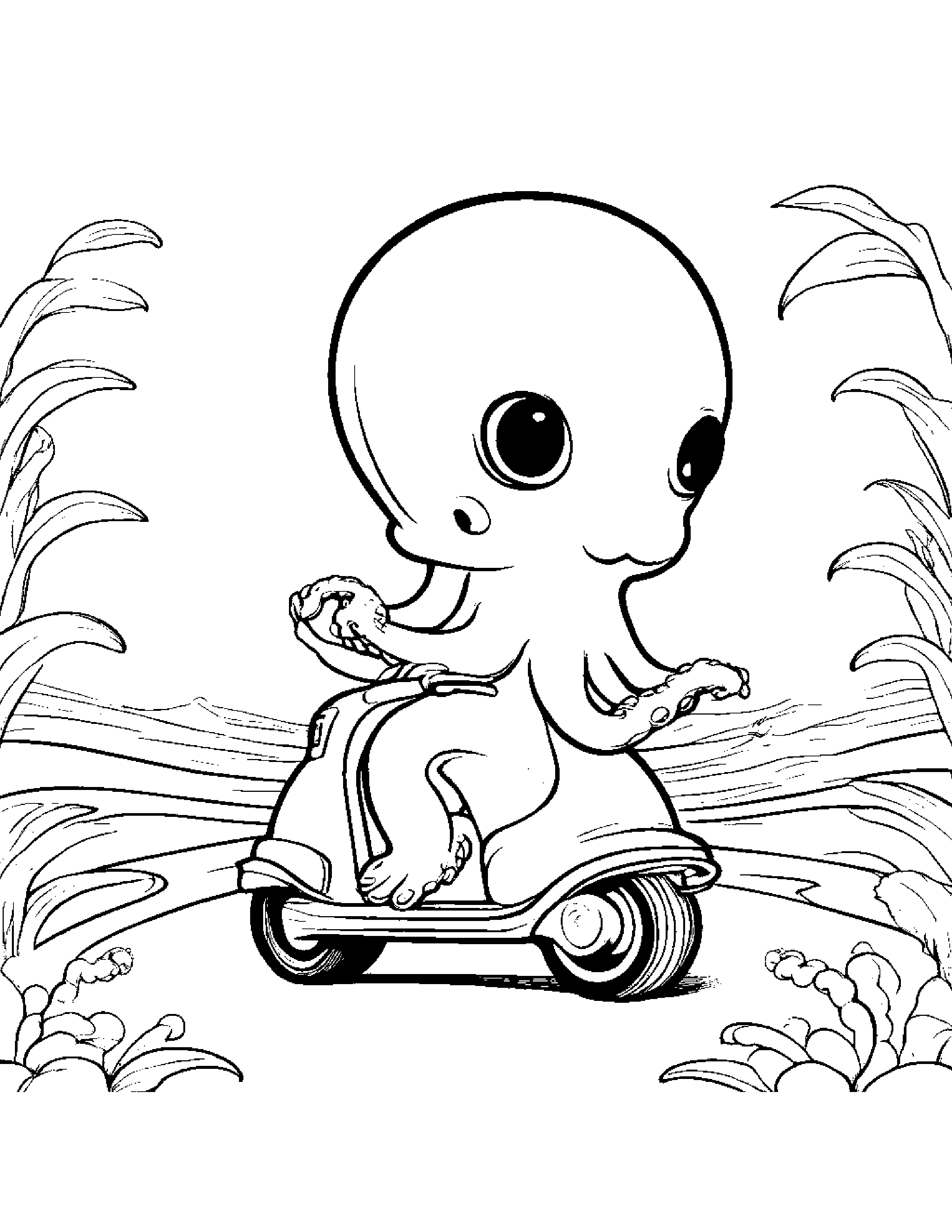 Octopus Riding A Scooter #2 Coloring Page (Free Printable PDF)