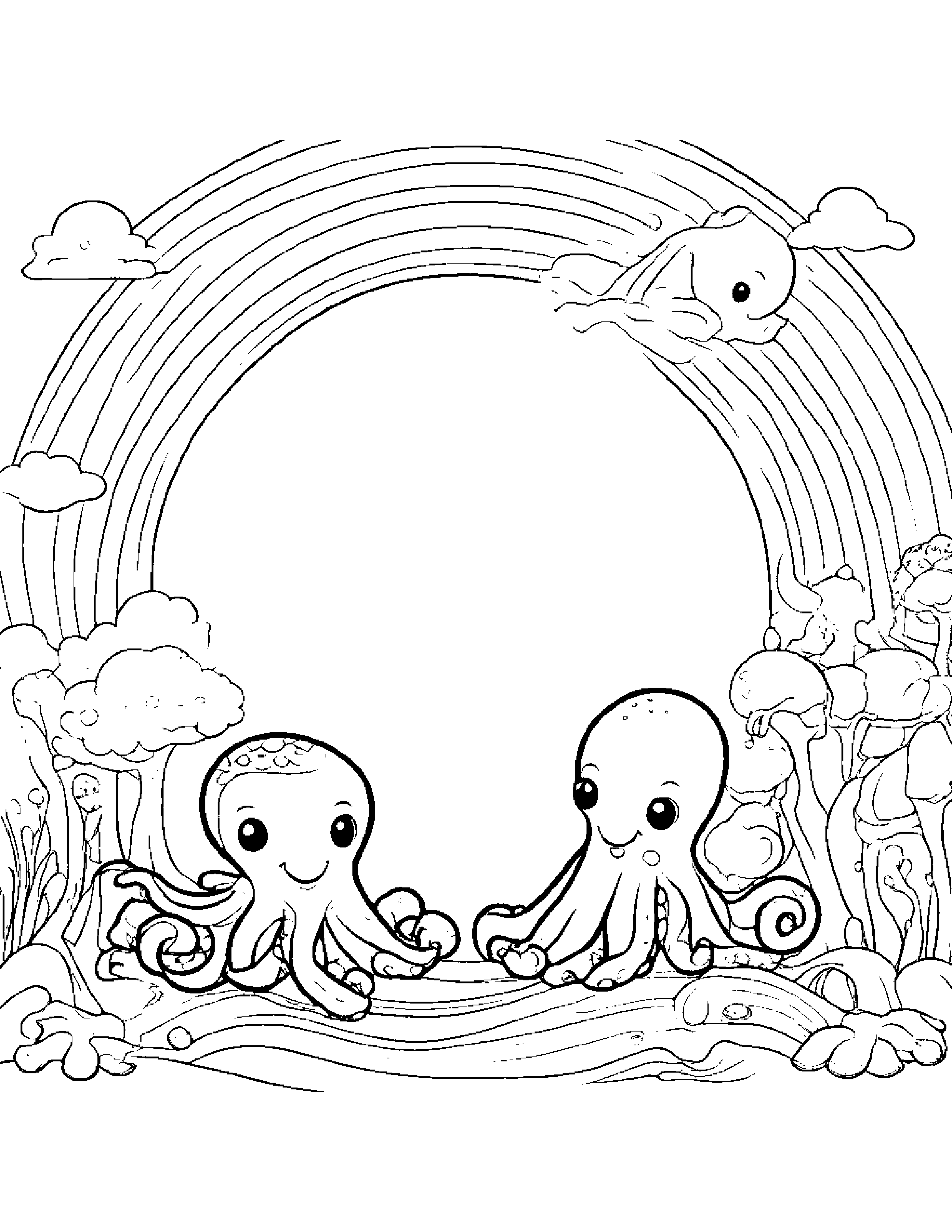 Octopus Tidying Toys Under A Rainbow #2 Coloring Page (Free Printable PDF)