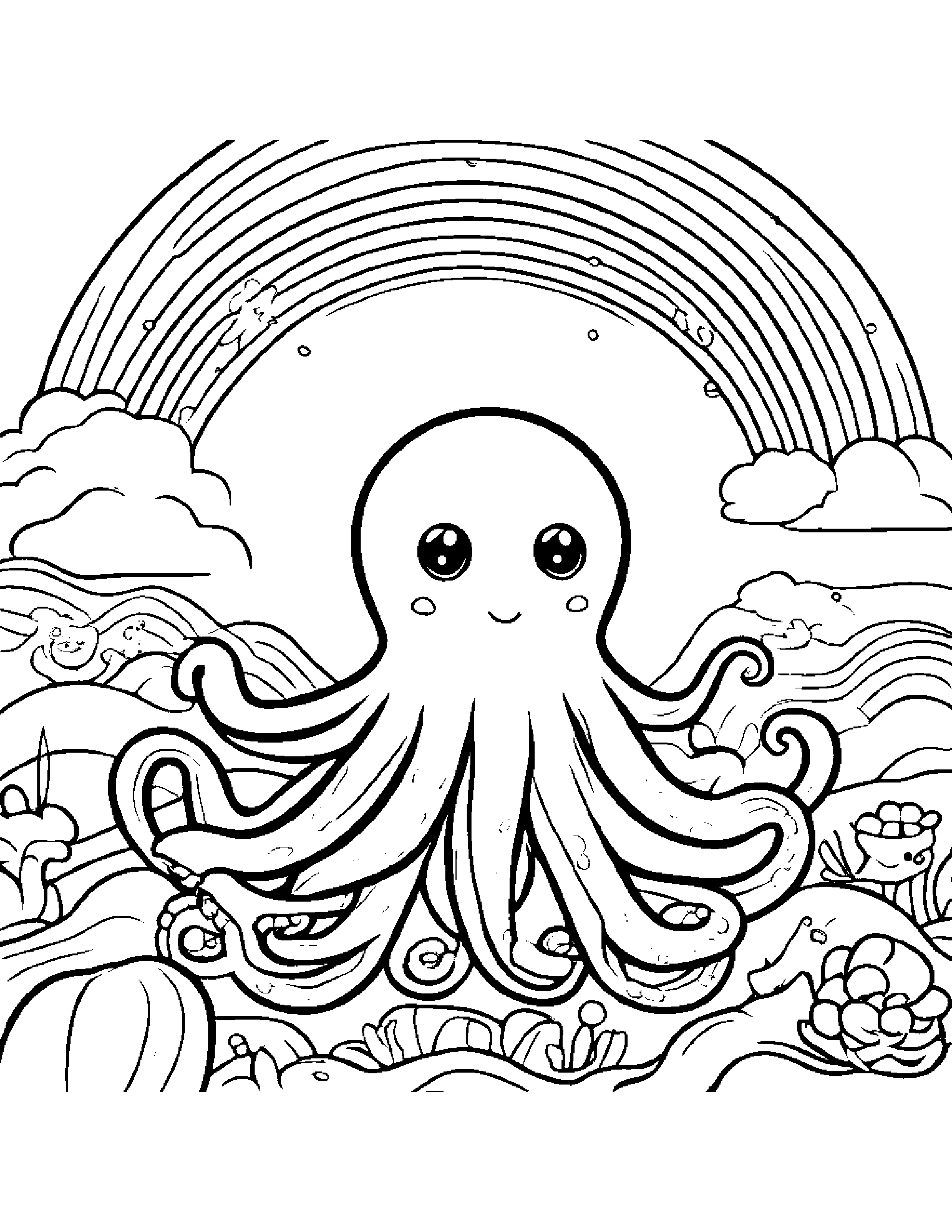 Octopus Tidying Toys Under A Rainbow #3 Coloring Page (Free Printable PDF)