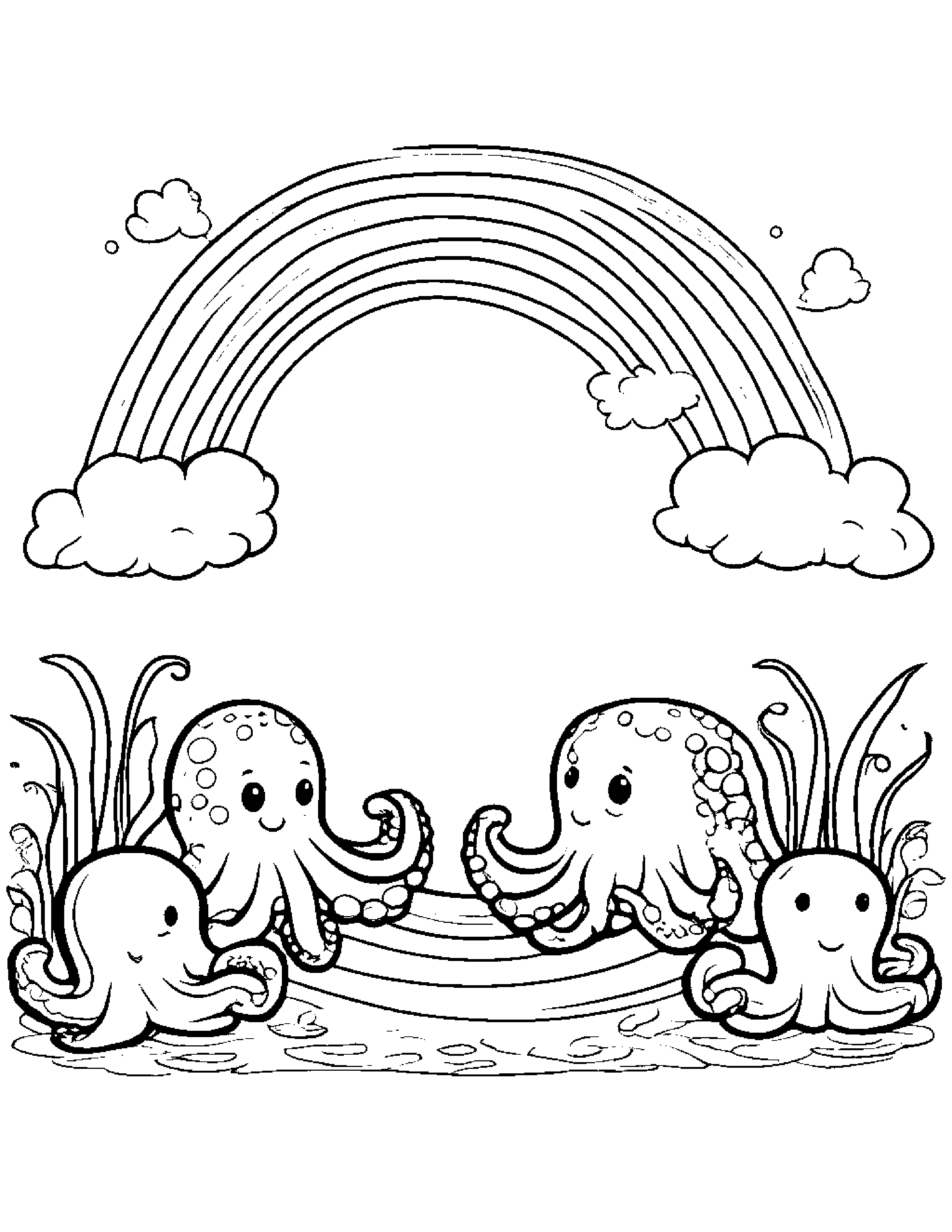 Octopus Tidying Toys Under A Rainbow Coloring Page (Free Printable PDF)