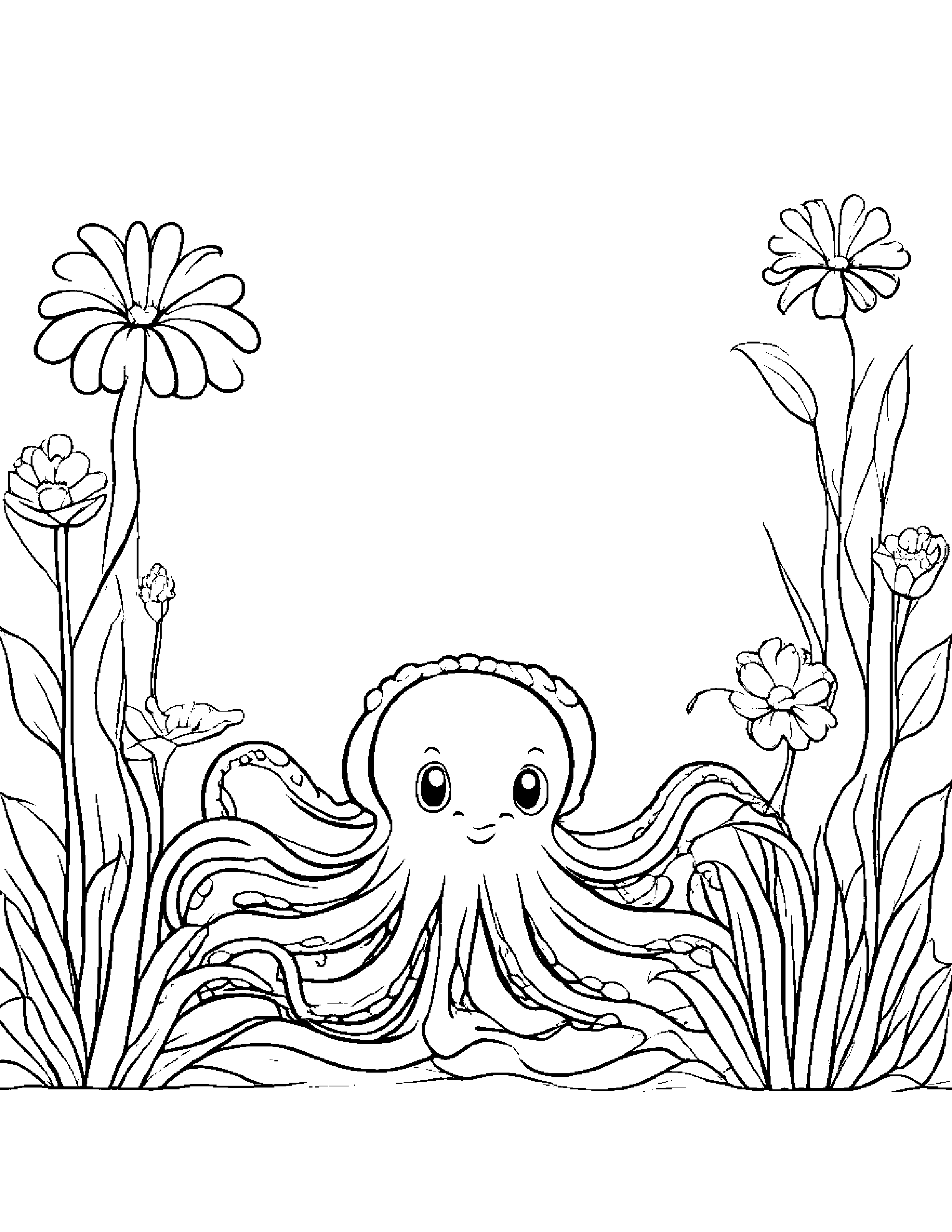 Octopus Watering A Plant #2 Coloring Page (Free Printable PDF)