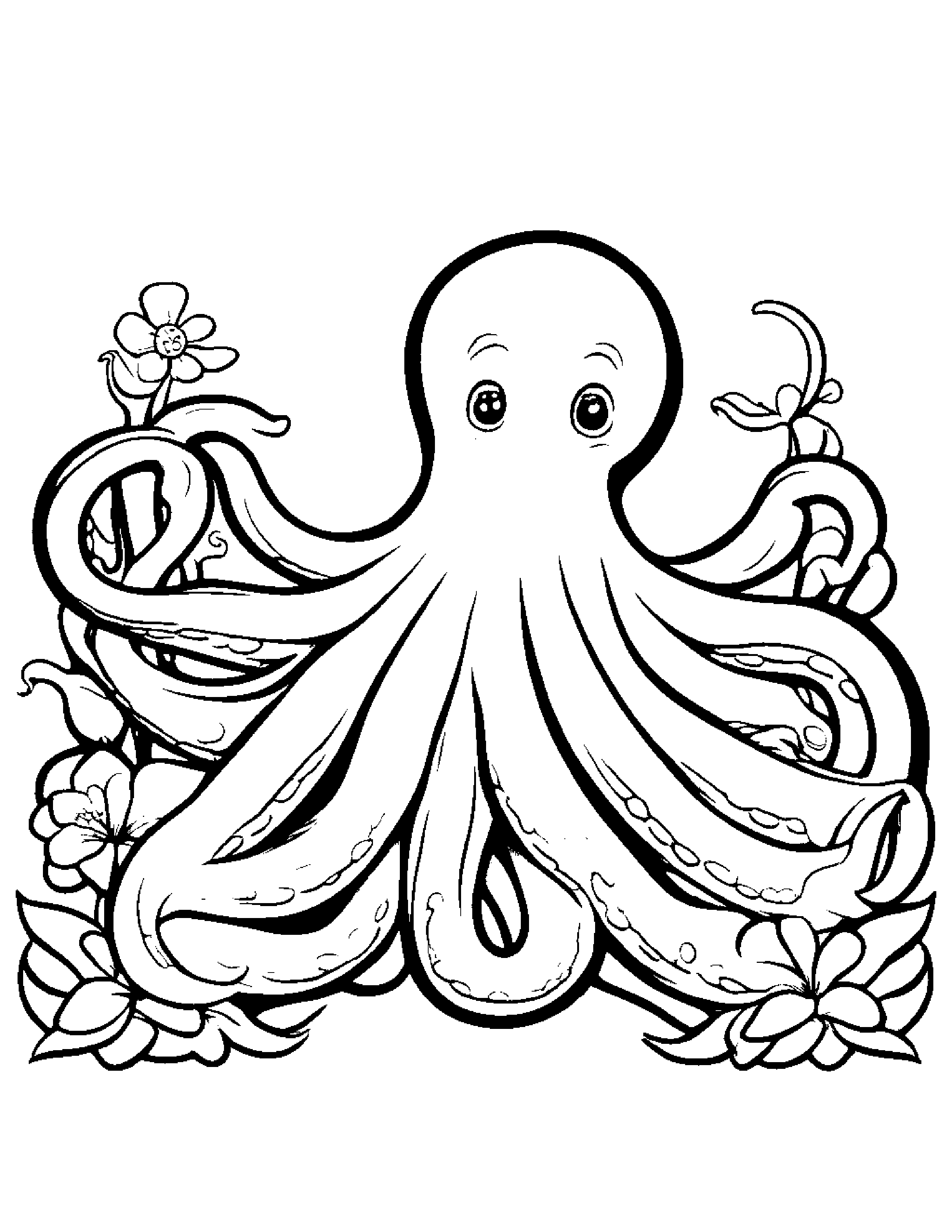 Octopus With A Small Flower At The Playground #2 Coloring Page (Free Printable PDF)