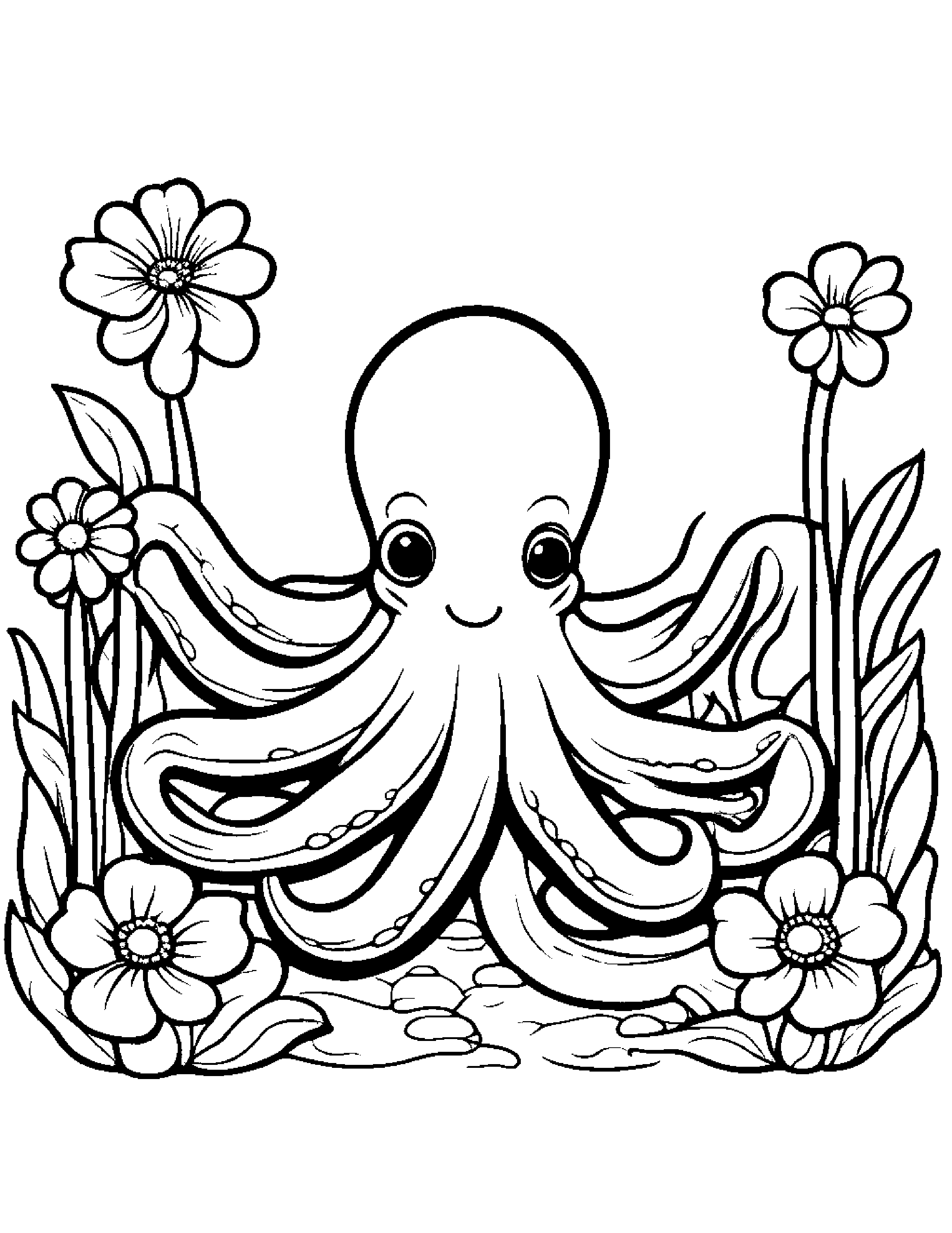 Octopus With A Small Flower At The Playground #3 Coloring Page (Free Printable PDF)