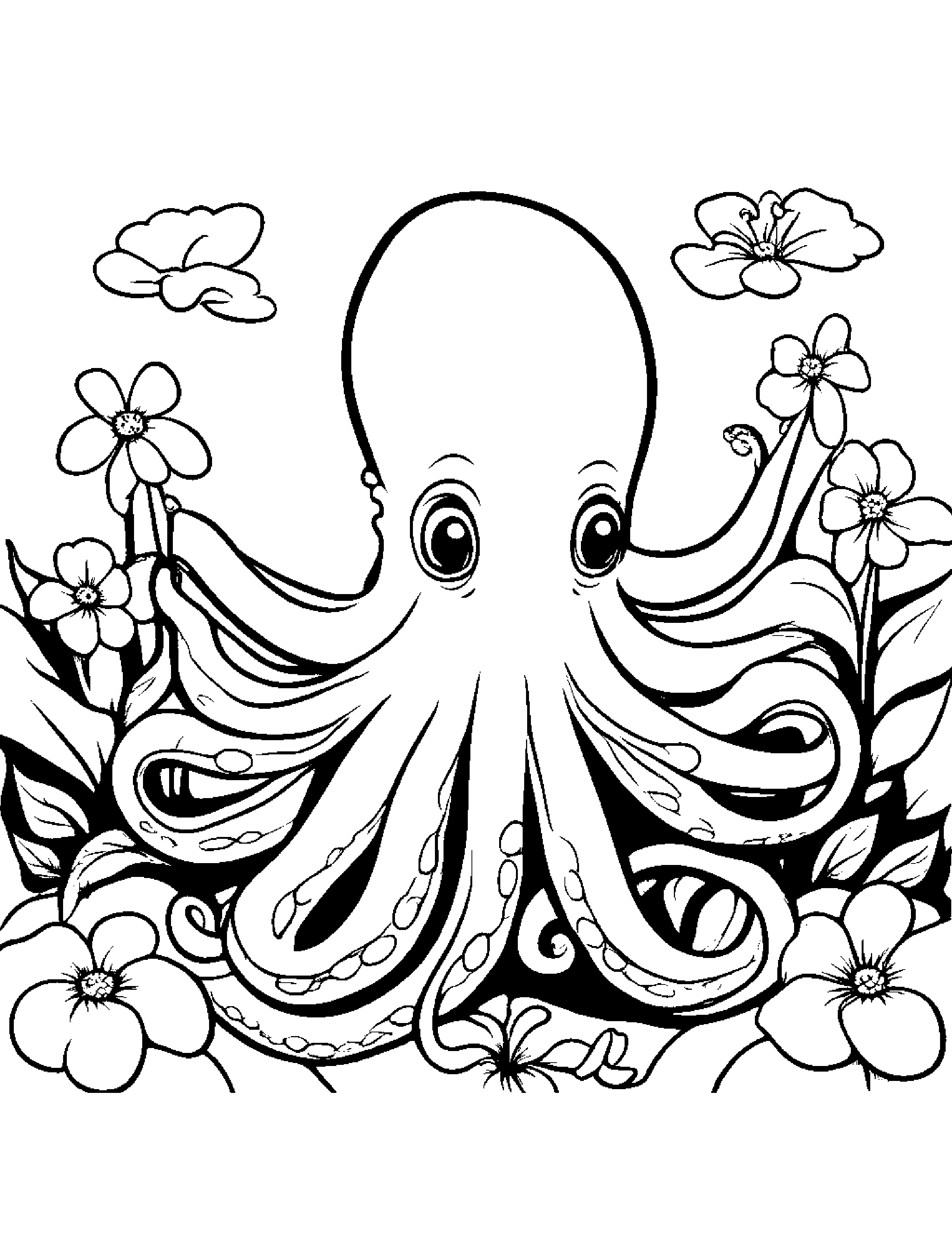 Octopus With A Small Flower At The Playground #4 Coloring Page (Free Printable PDF)