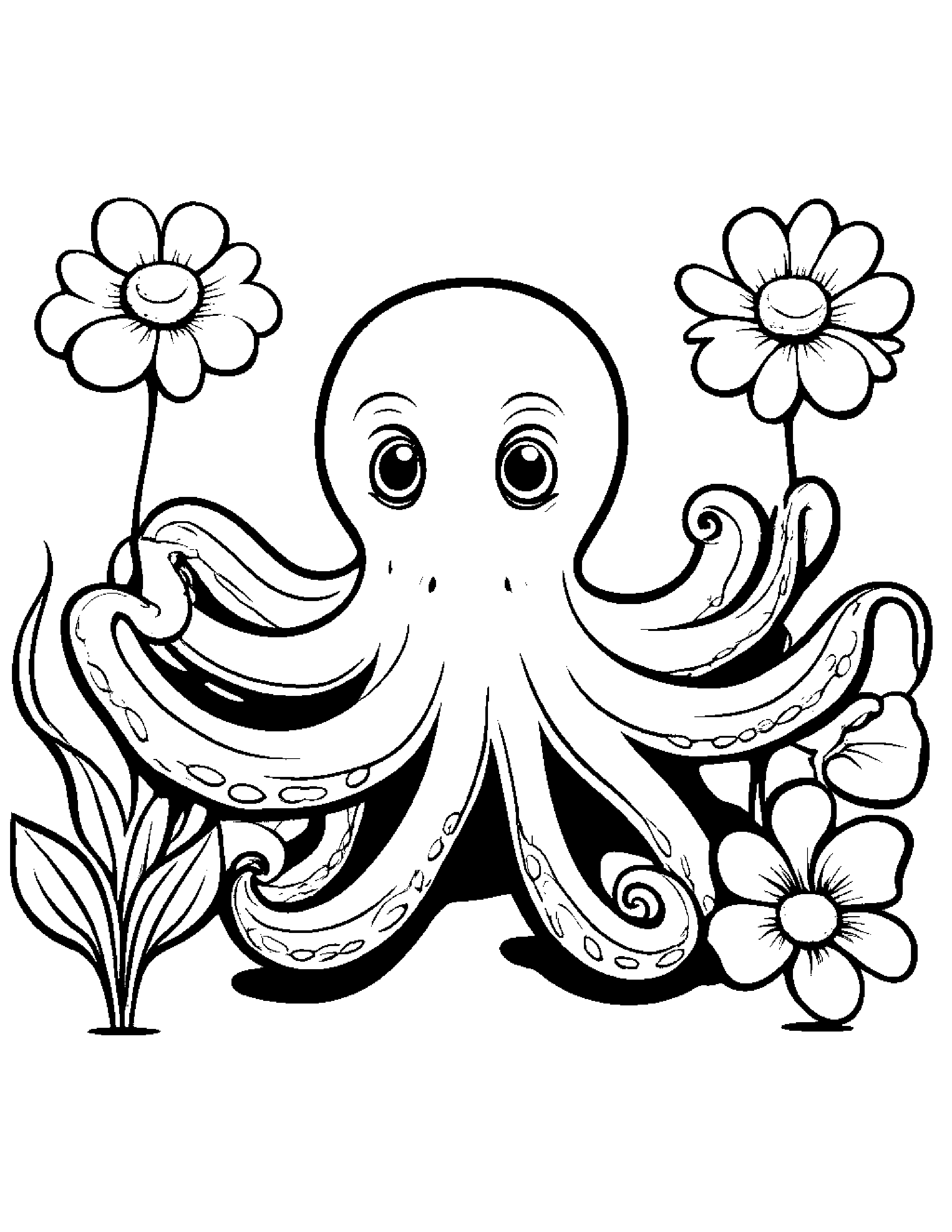 Octopus With A Small Flower At The Playground #5 Coloring Page (Free Printable PDF)