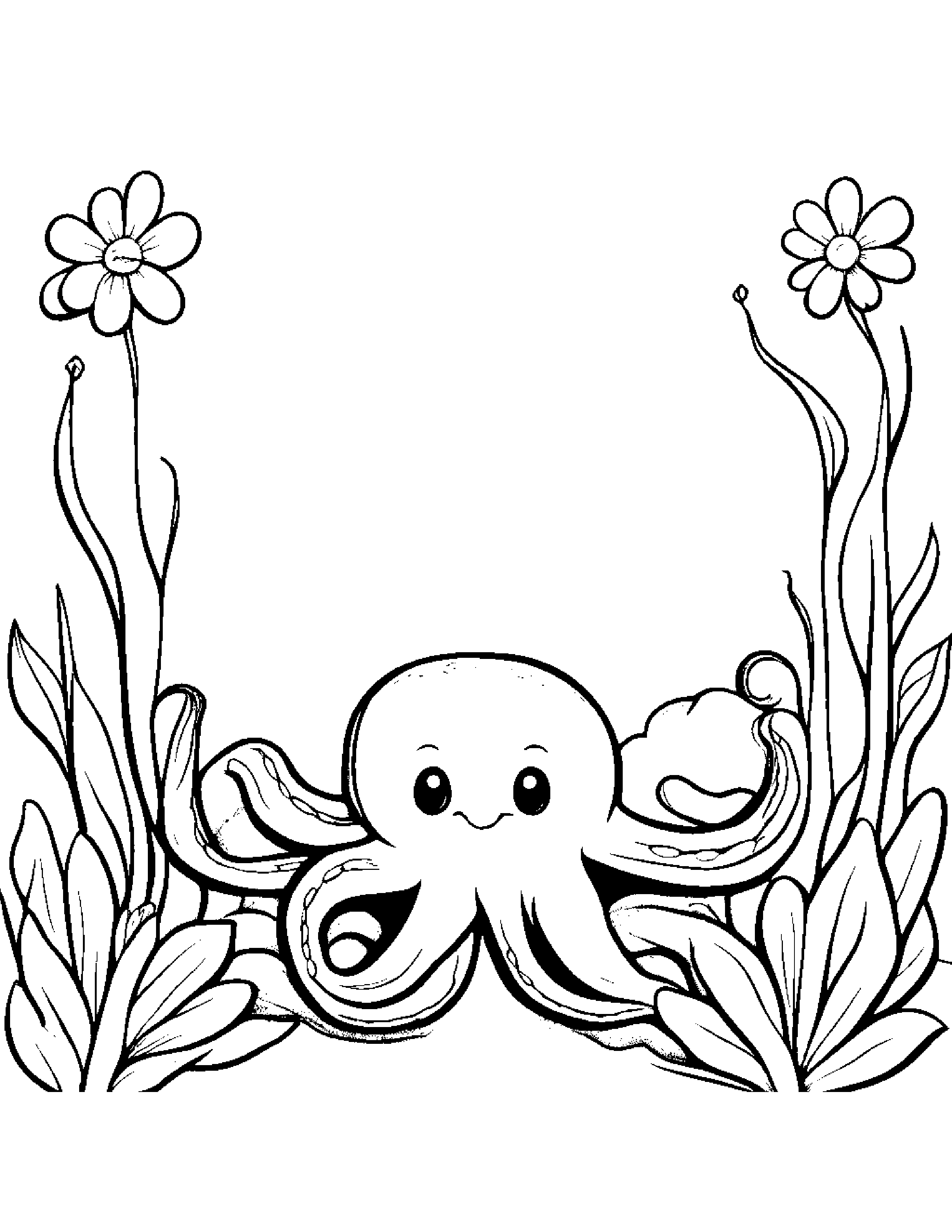 Octopus With A Small Flower At The Playground Coloring Page (Free Printable PDF)