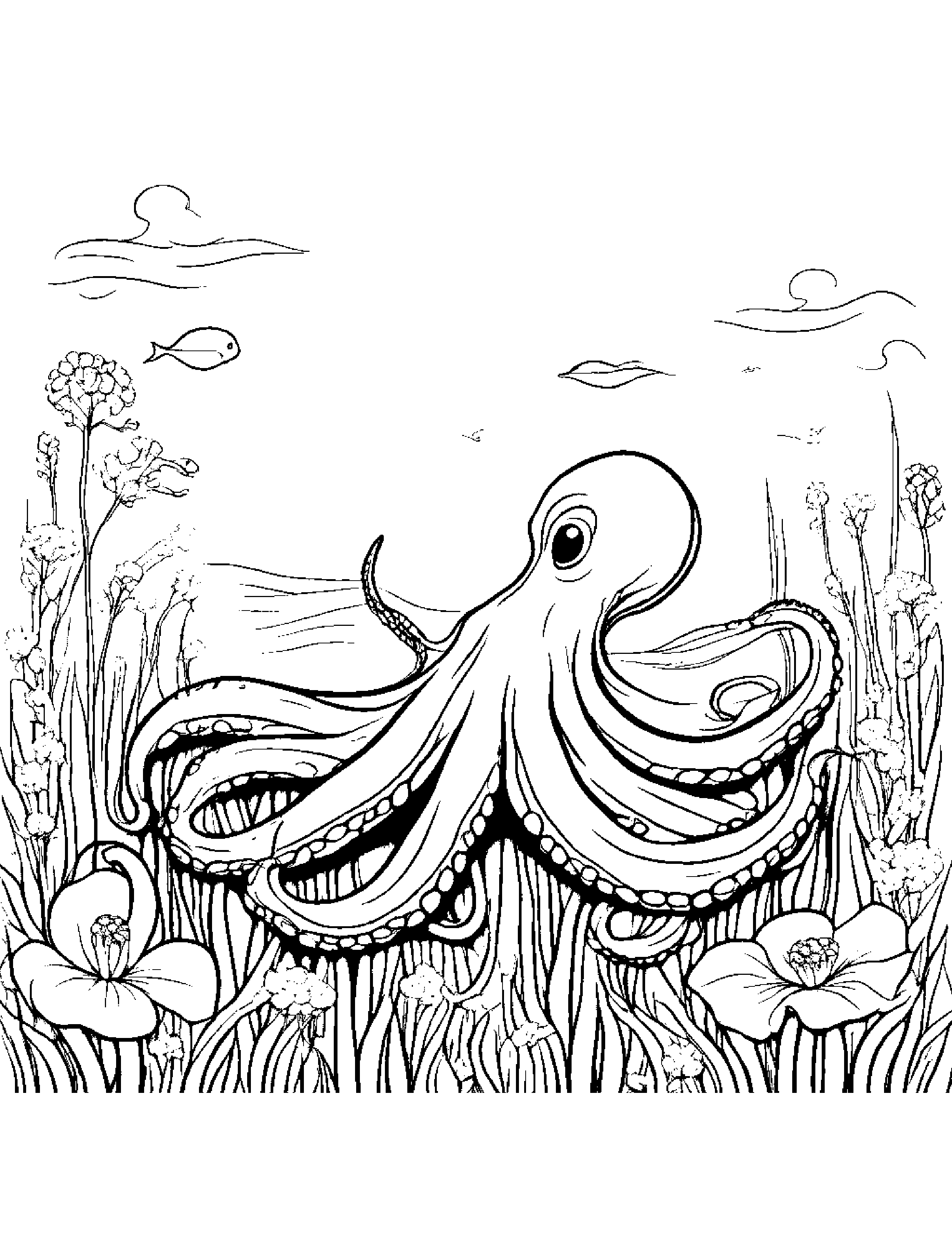 Octopus With A Soft Scarf In A Sunny Meadow #2 Coloring Page (Free Printable PDF)