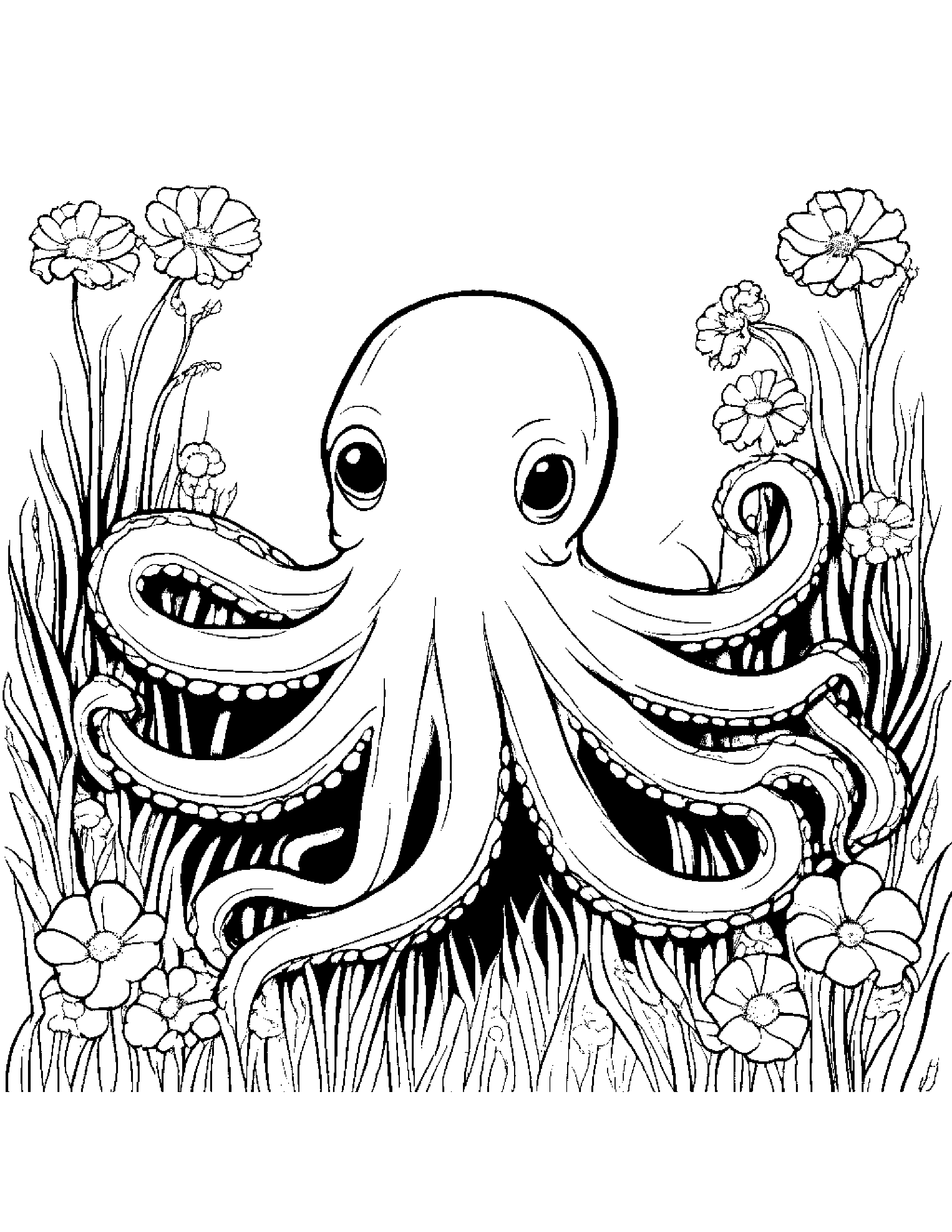 Octopus With A Soft Scarf In A Sunny Meadow #3 Coloring Page (Free Printable PDF)