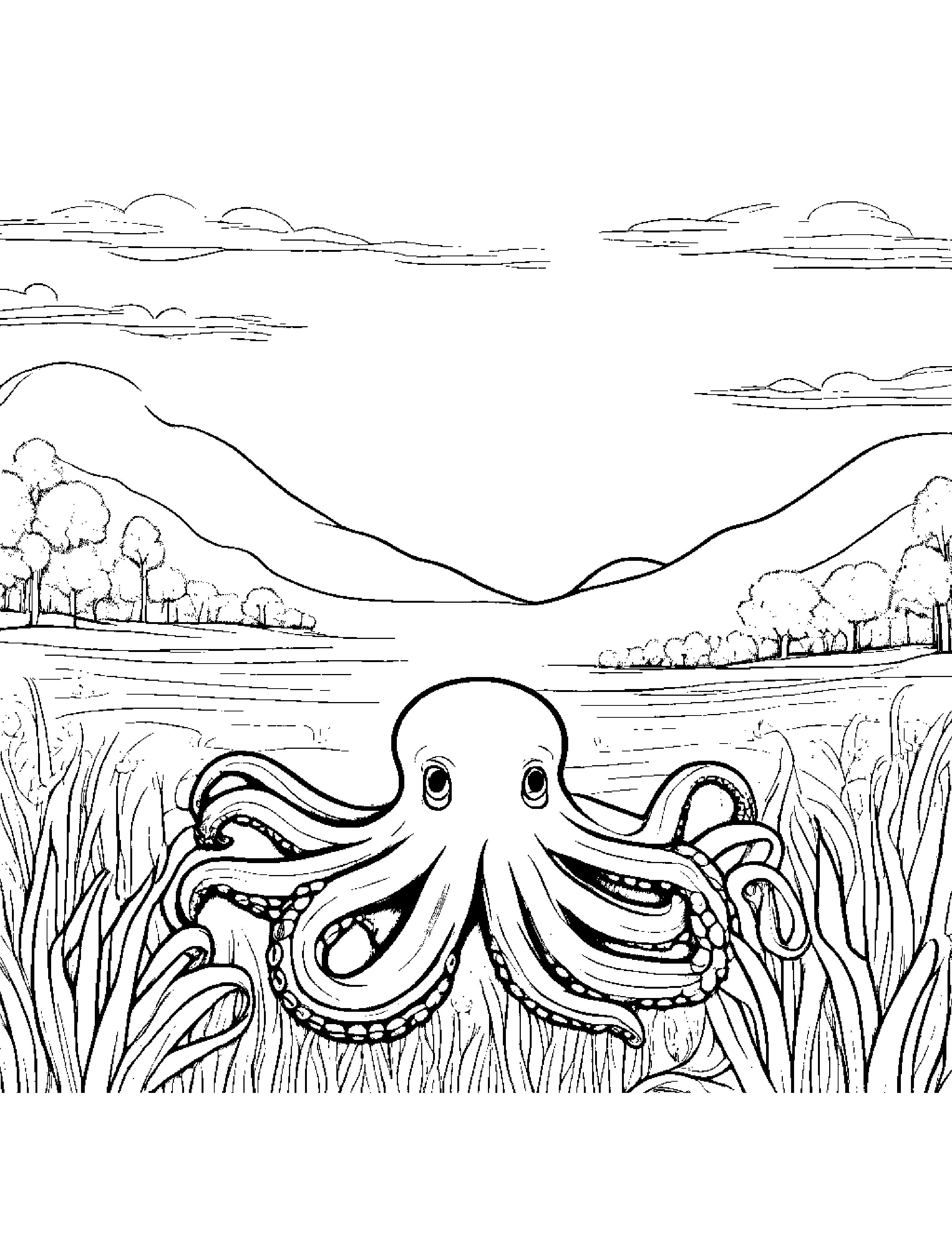 Octopus With A Soft Scarf In A Sunny Meadow Coloring Page (Free Printable PDF)