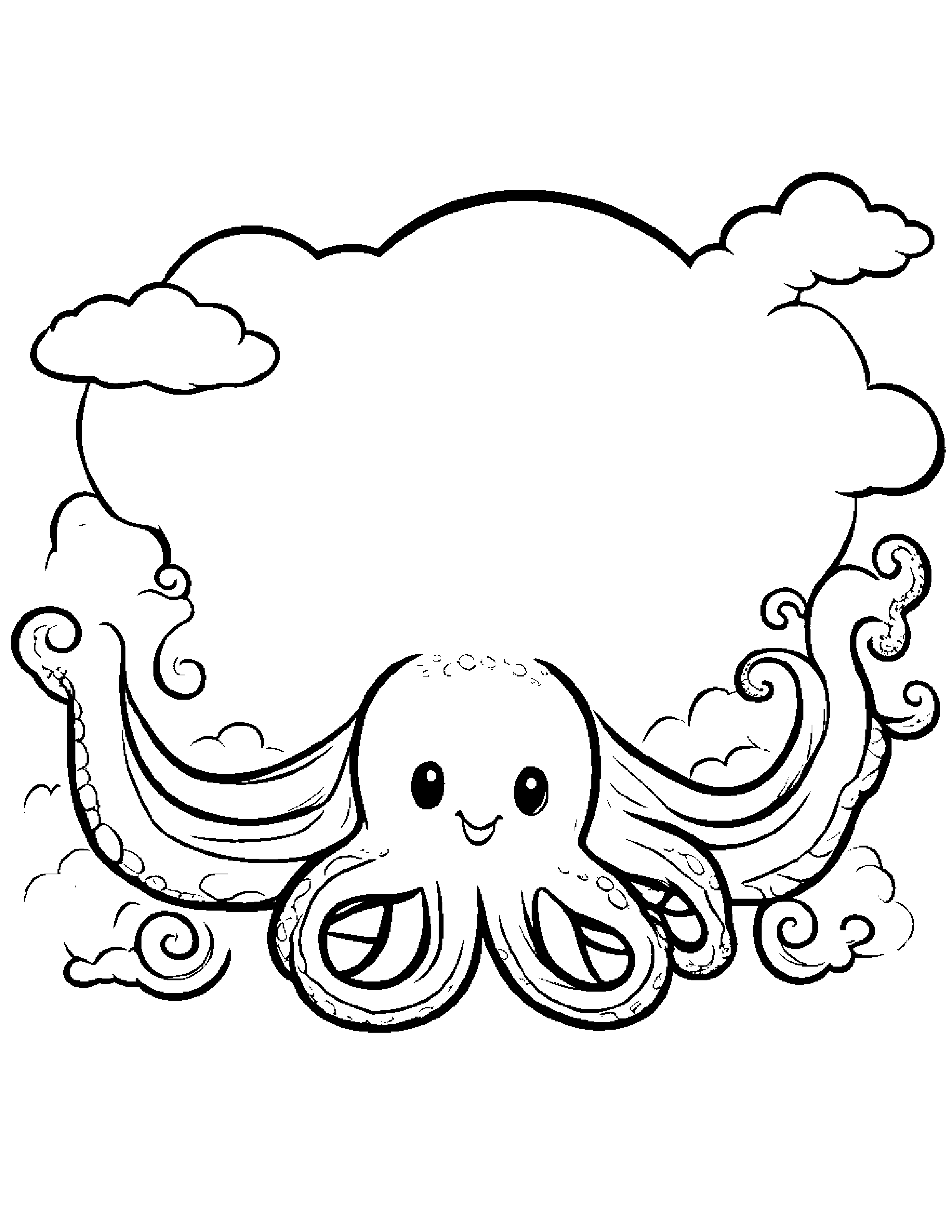 Octopus With A Sunny Sticker On A Fluffy Cloud #2 Coloring Page (Free Printable PDF)
