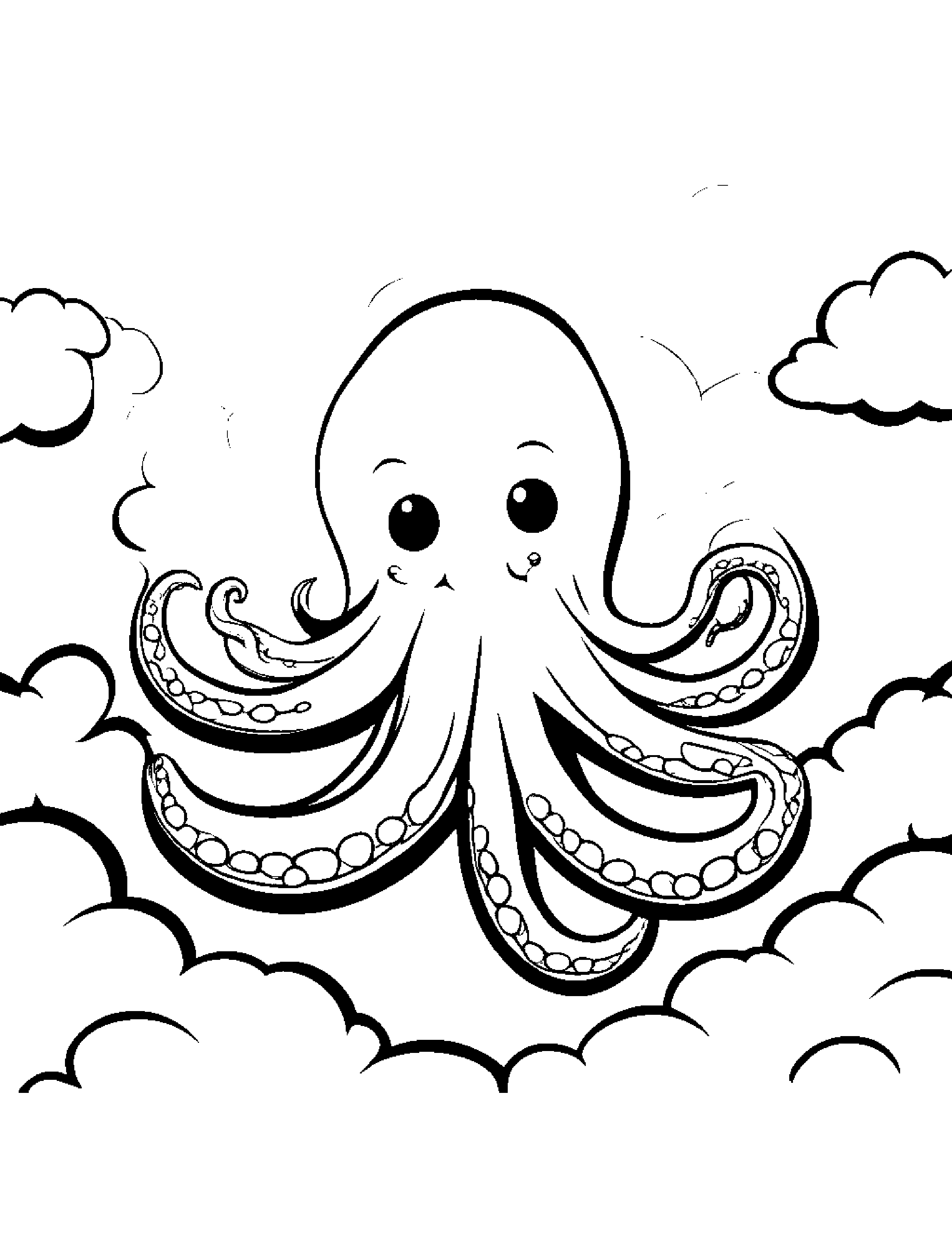 Octopus With A Sunny Sticker On A Fluffy Cloud #3 Coloring Page (Free Printable PDF)