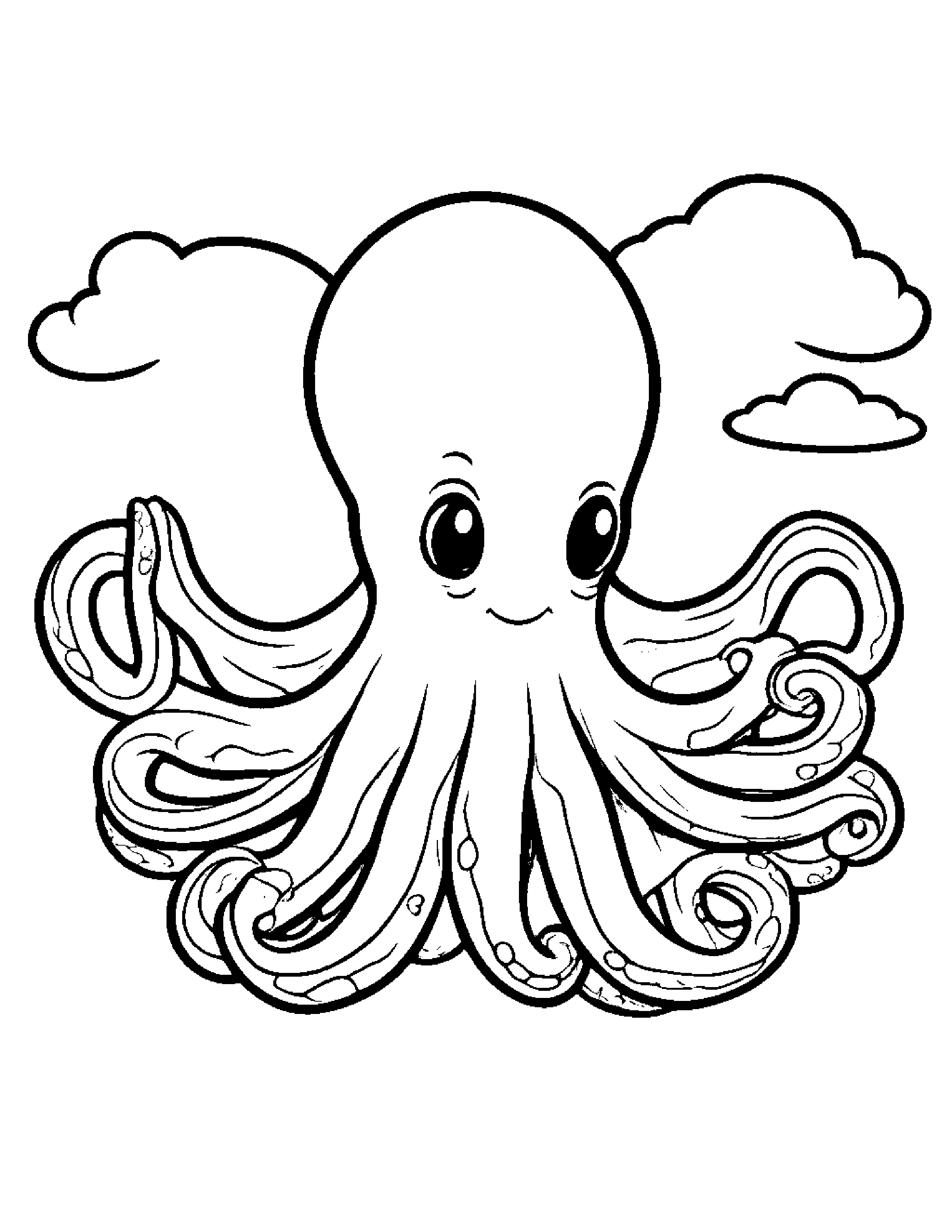 Octopus With A Sunny Sticker On A Fluffy Cloud #4 Coloring Page (Free Printable PDF)