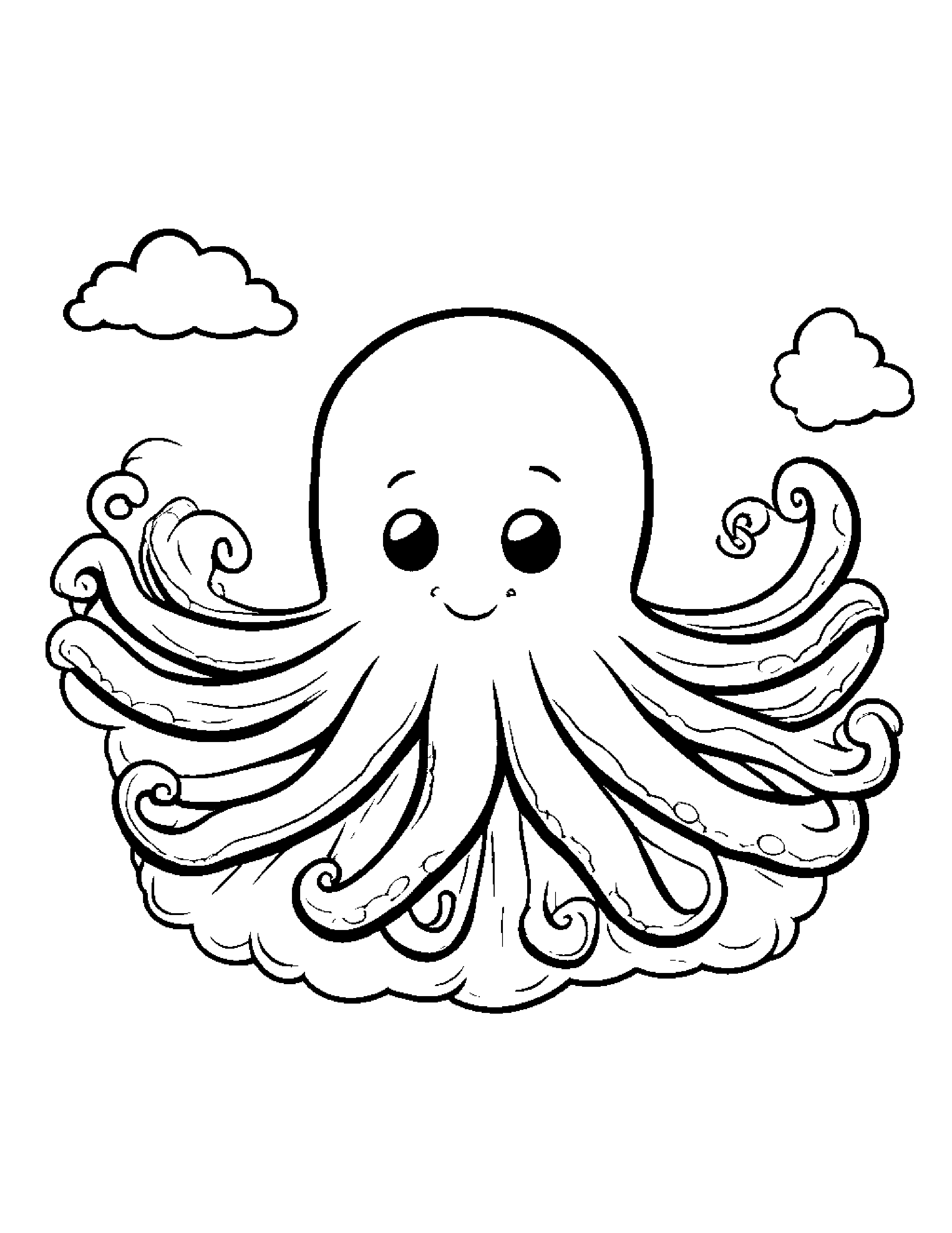 Octopus With A Sunny Sticker On A Fluffy Cloud #5 Coloring Page (Free Printable PDF)