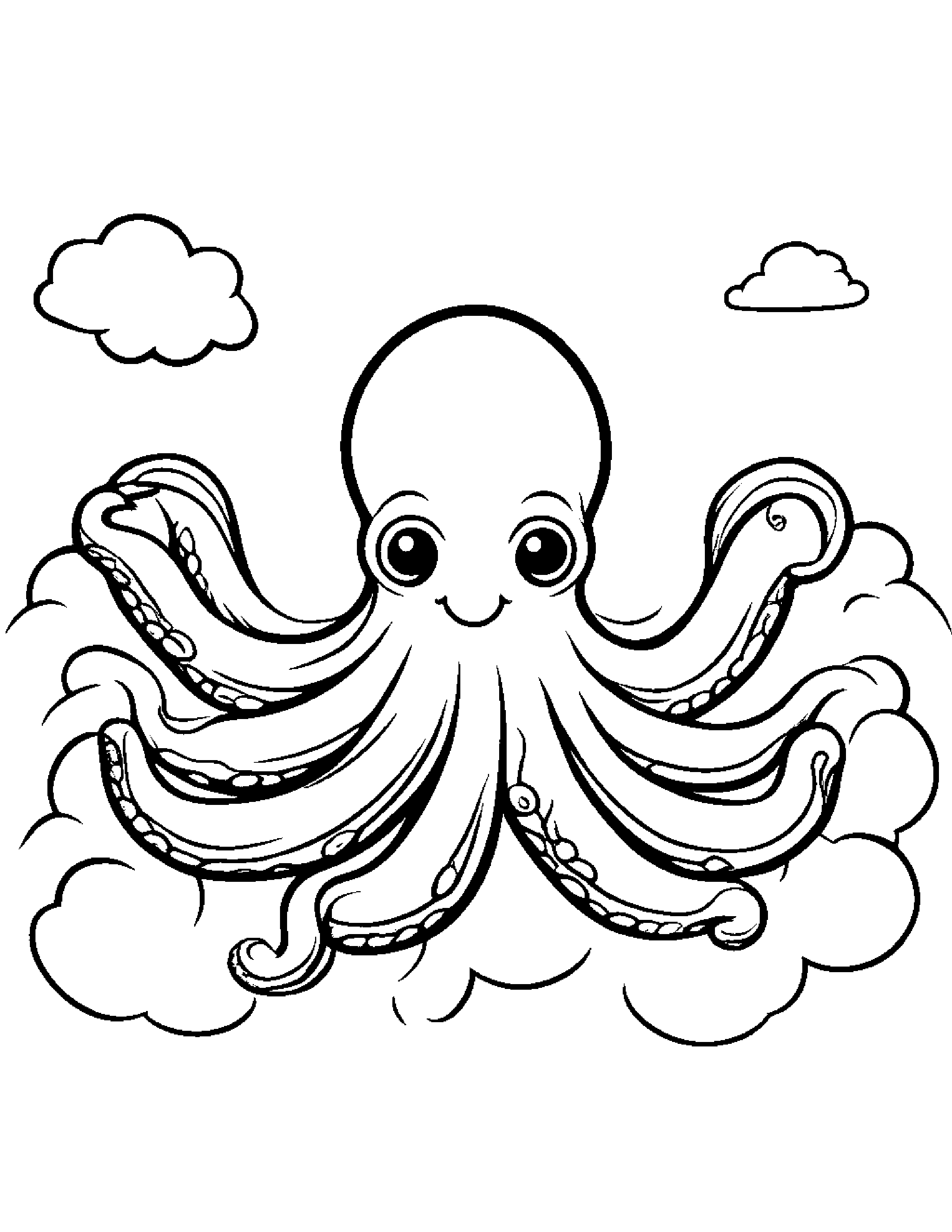 Octopus With A Sunny Sticker On A Fluffy Cloud Coloring Page (Free Printable PDF)