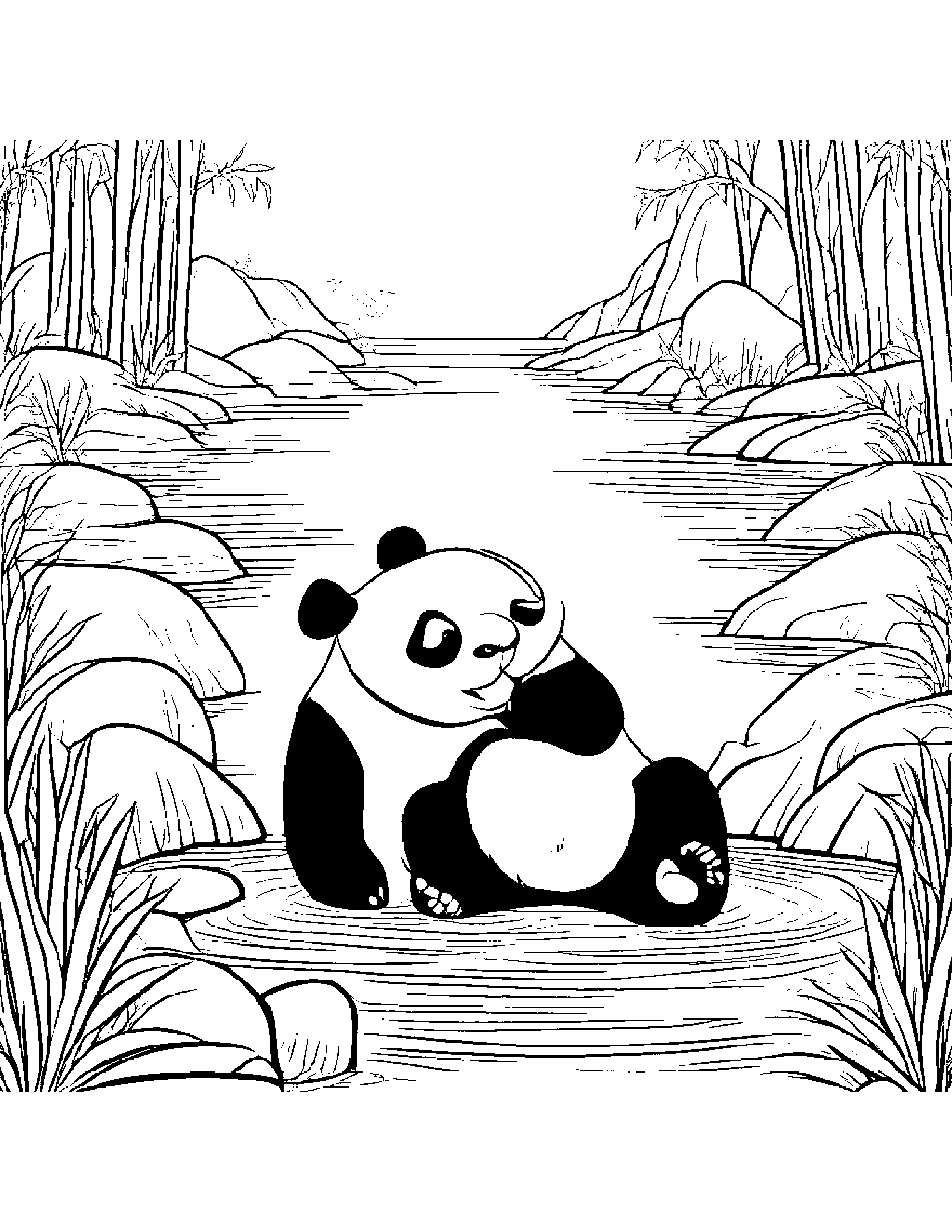 Panda Playing Pat-A-Cake Near A Gentle Stream #2 Coloring Page (Free Printable PDF)