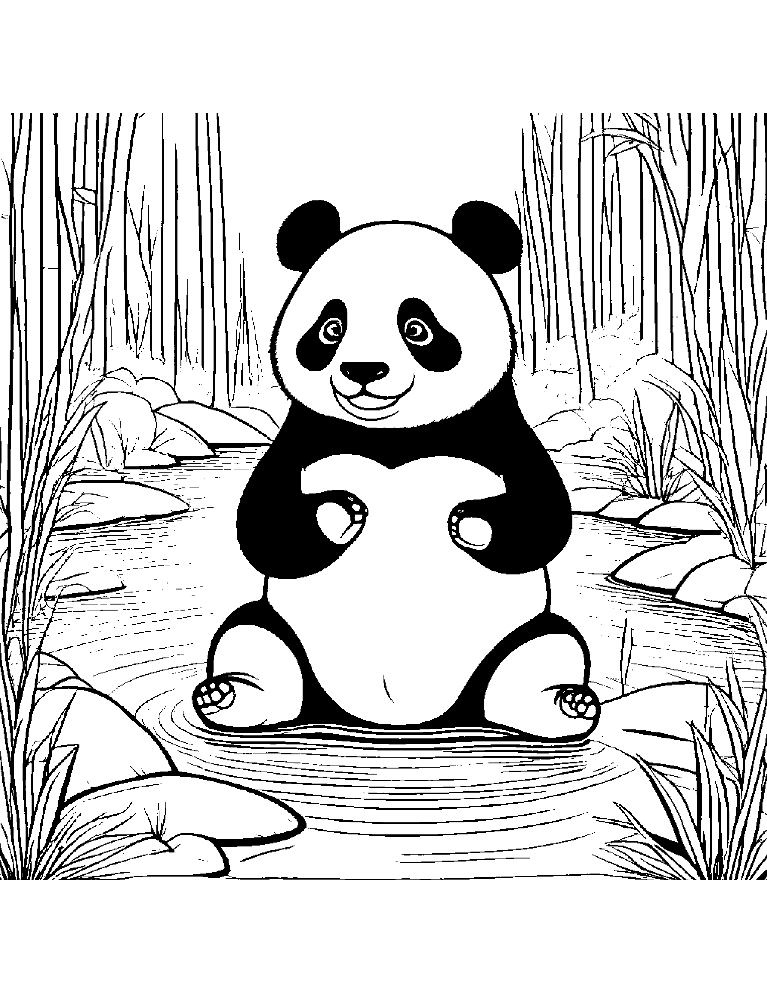Panda Playing Pat-A-Cake Near A Gentle Stream #3 Coloring Page (Free Printable PDF)