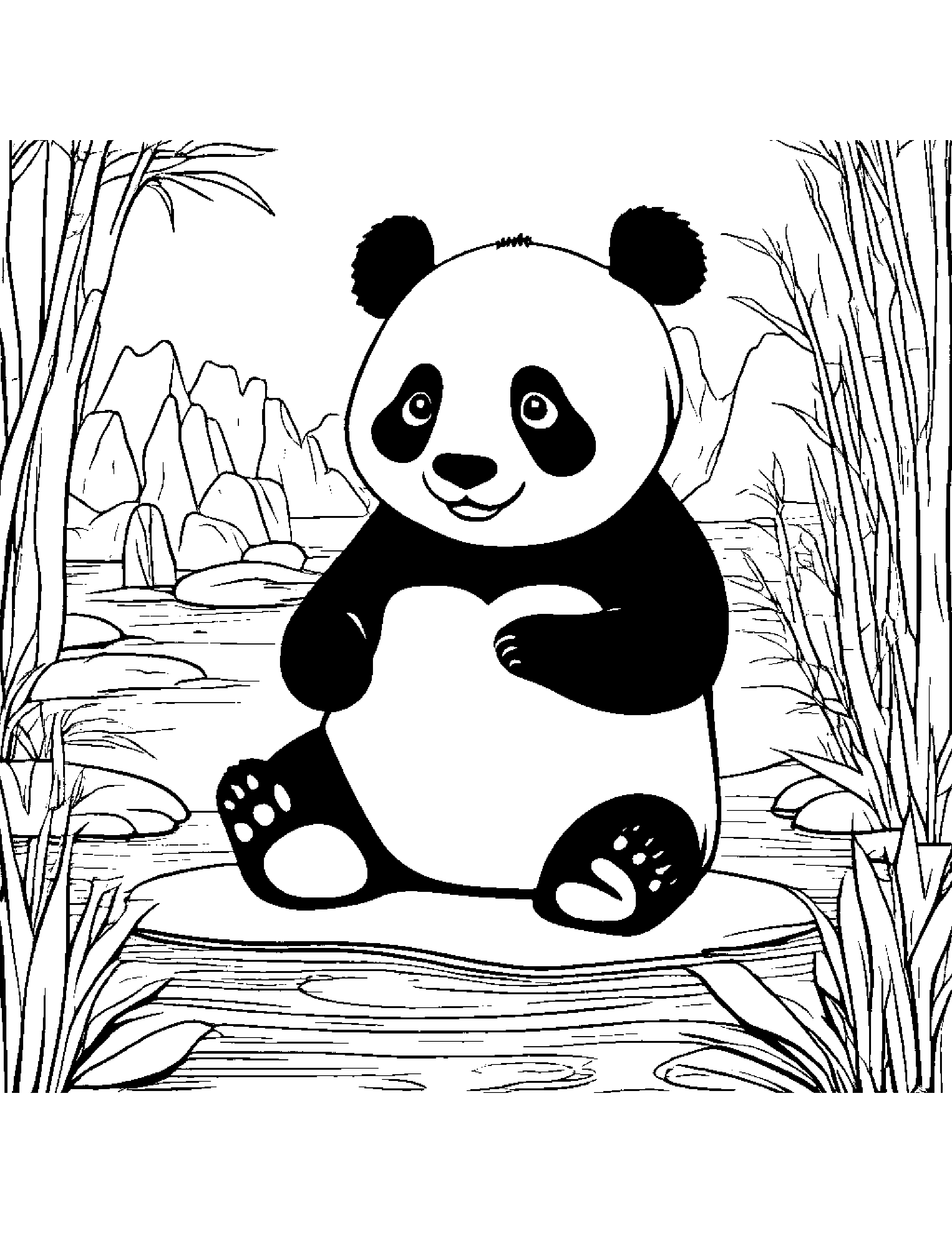Panda Playing Pat-A-Cake Near A Gentle Stream #4 Coloring Page (Free Printable PDF)
