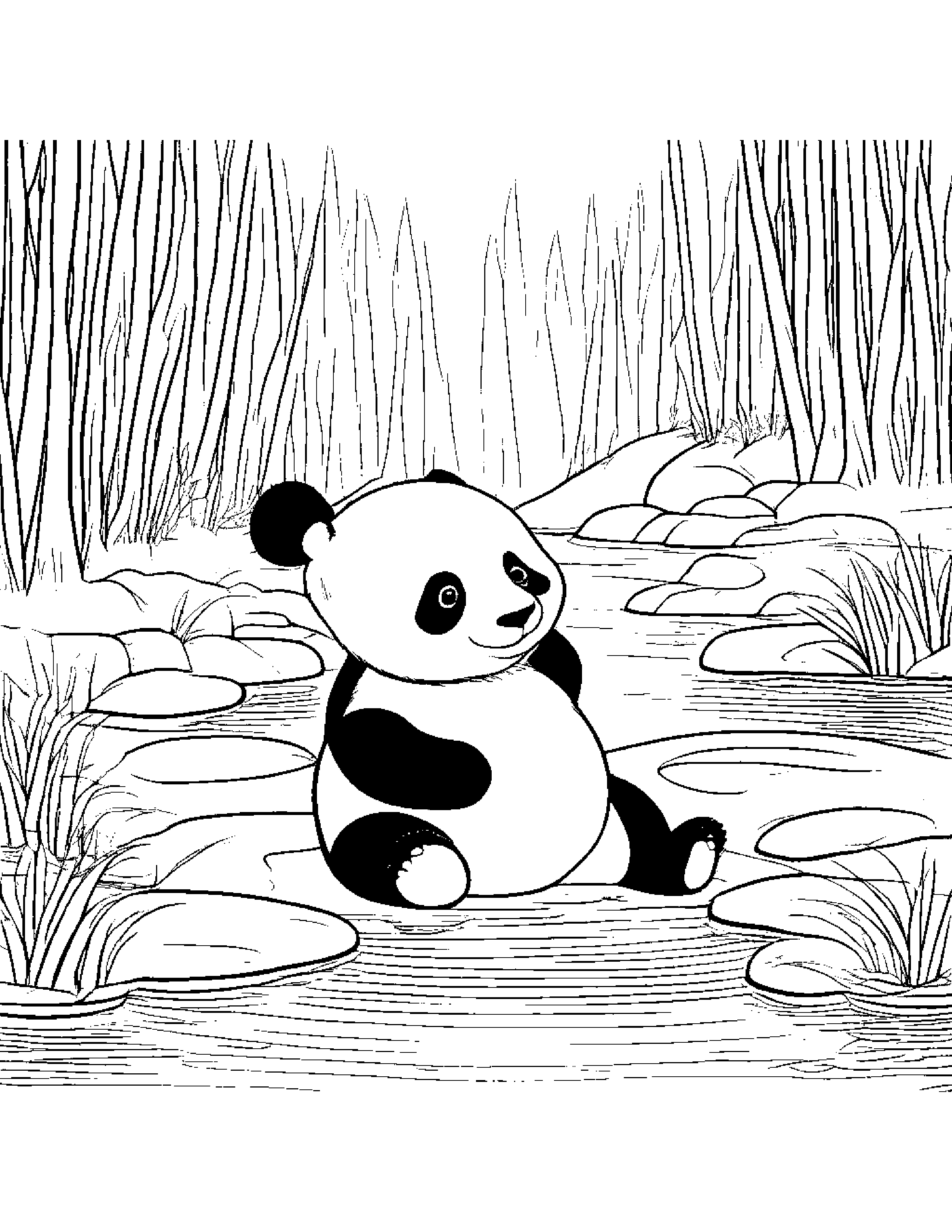 Panda Playing Pat-A-Cake Near A Gentle Stream #5 Coloring Page (Free Printable PDF)