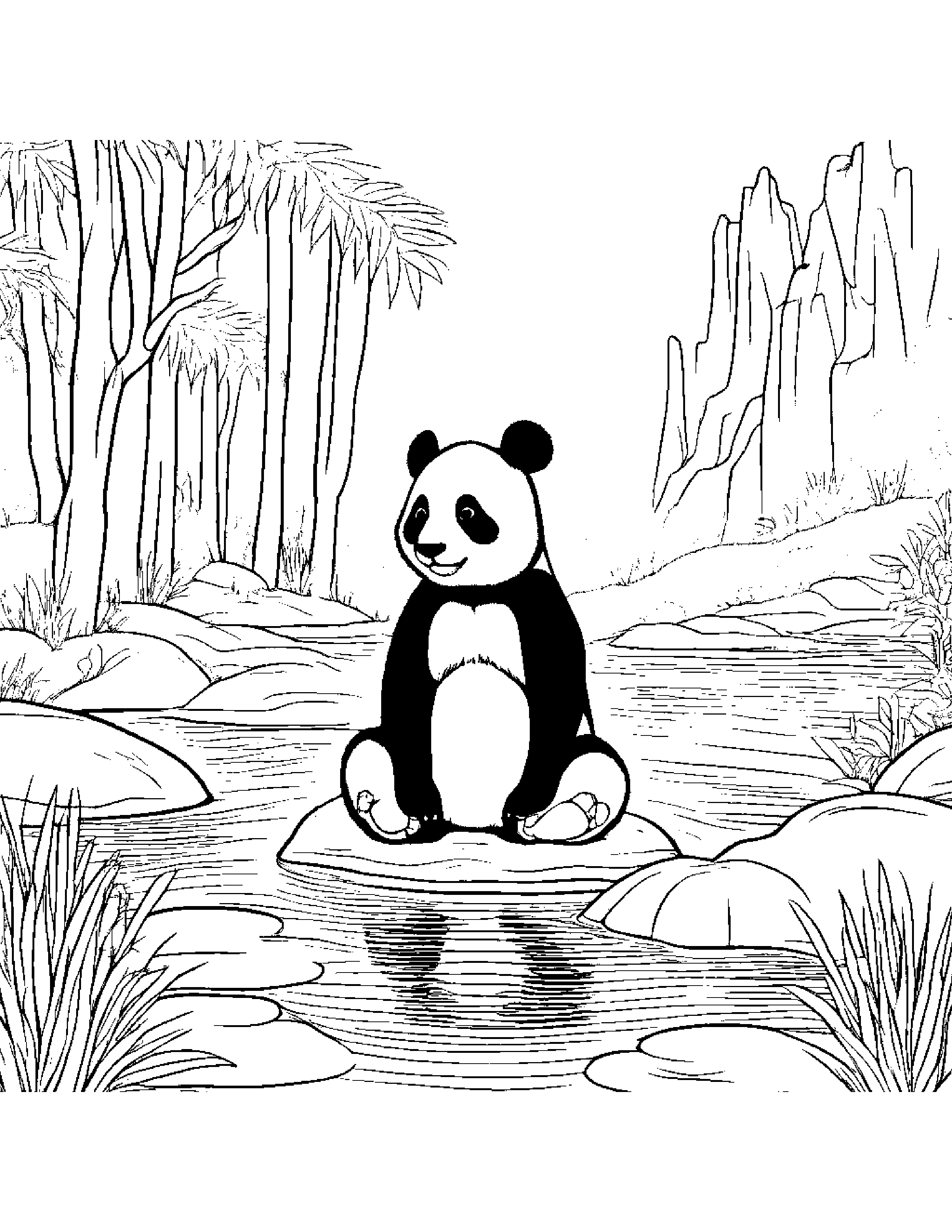 Panda Playing Pat-A-Cake Near A Gentle Stream Coloring Page (Free Printable PDF)