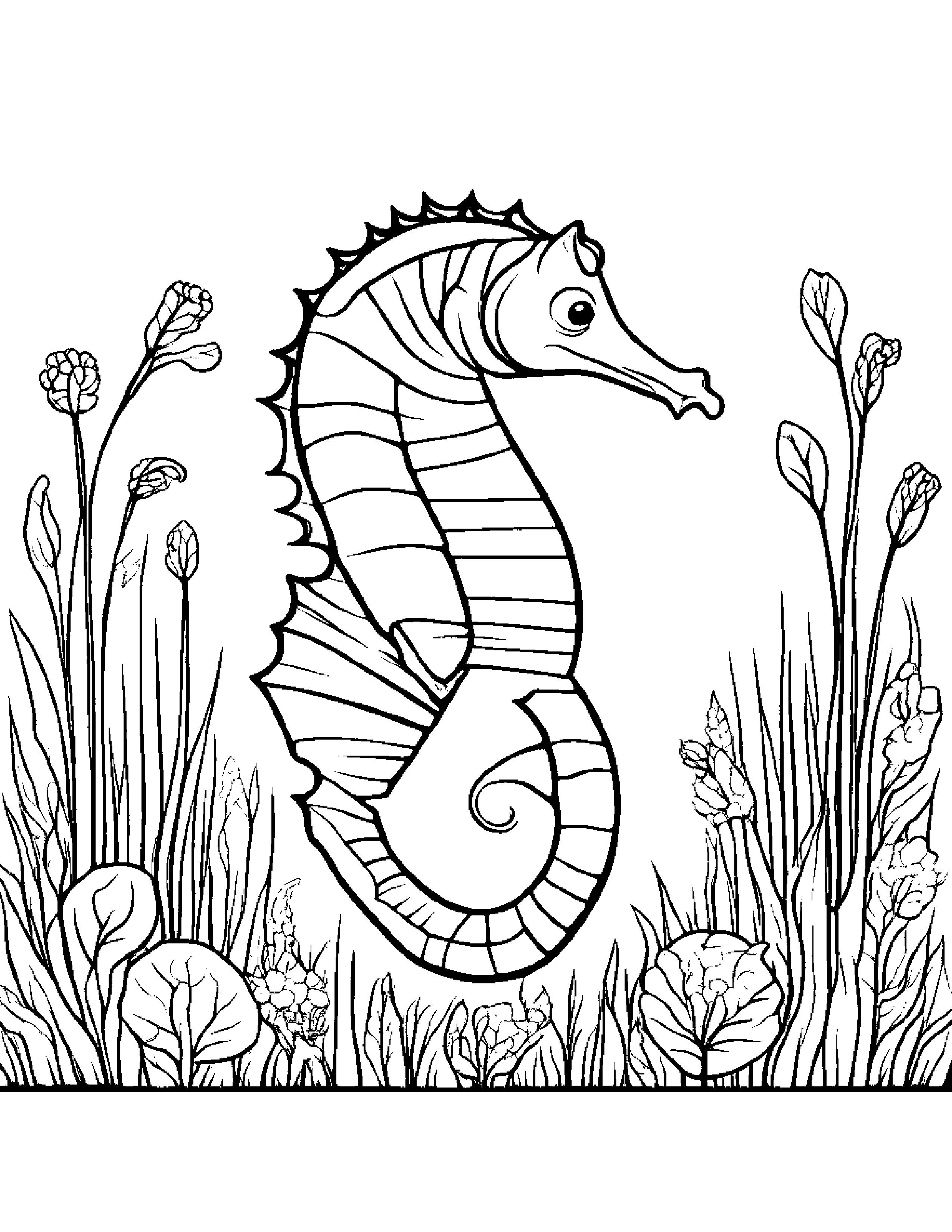 Playful Seahorse Planting A Seed In A Sunny Meadow #2 Coloring Page (Free Printable PDF)