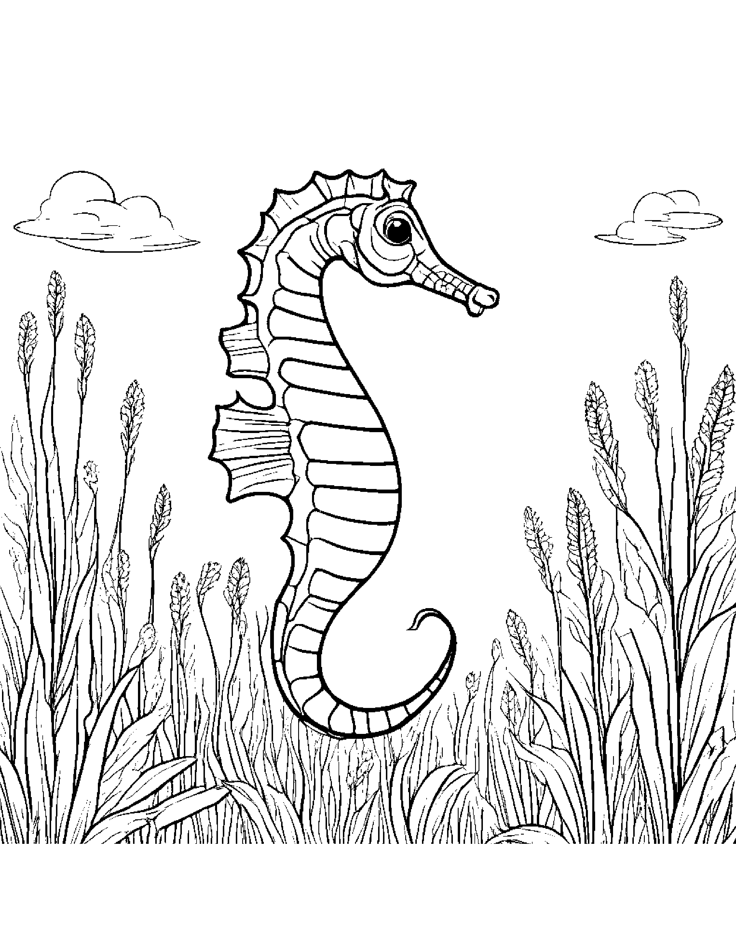 Playful Seahorse Planting A Seed In A Sunny Meadow Coloring Page (Free Printable PDF)