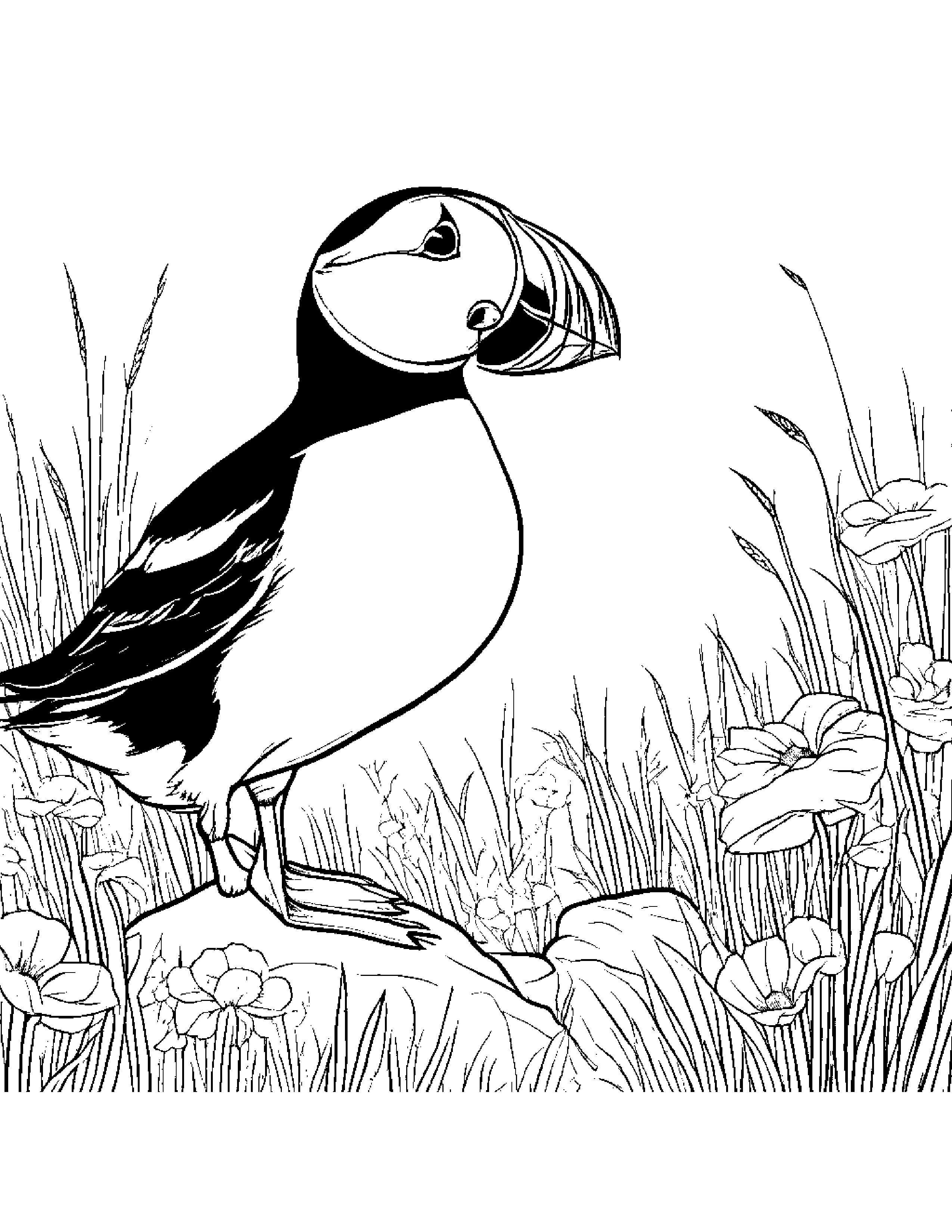 Puffin Counting In A Sunny Meadow #3 Coloring Page (Free Printable PDF)