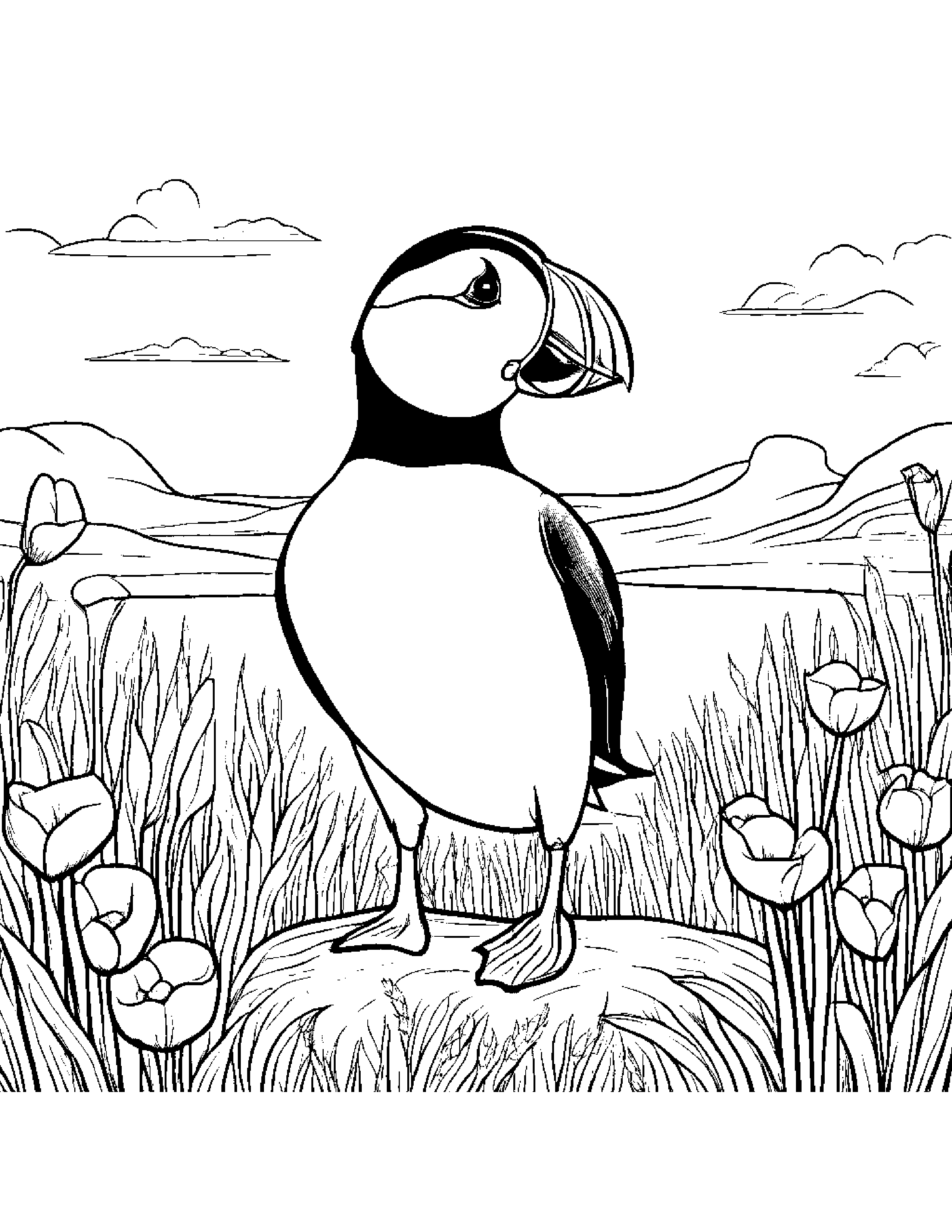 Puffin Counting In A Sunny Meadow Coloring Page (Free Printable PDF)