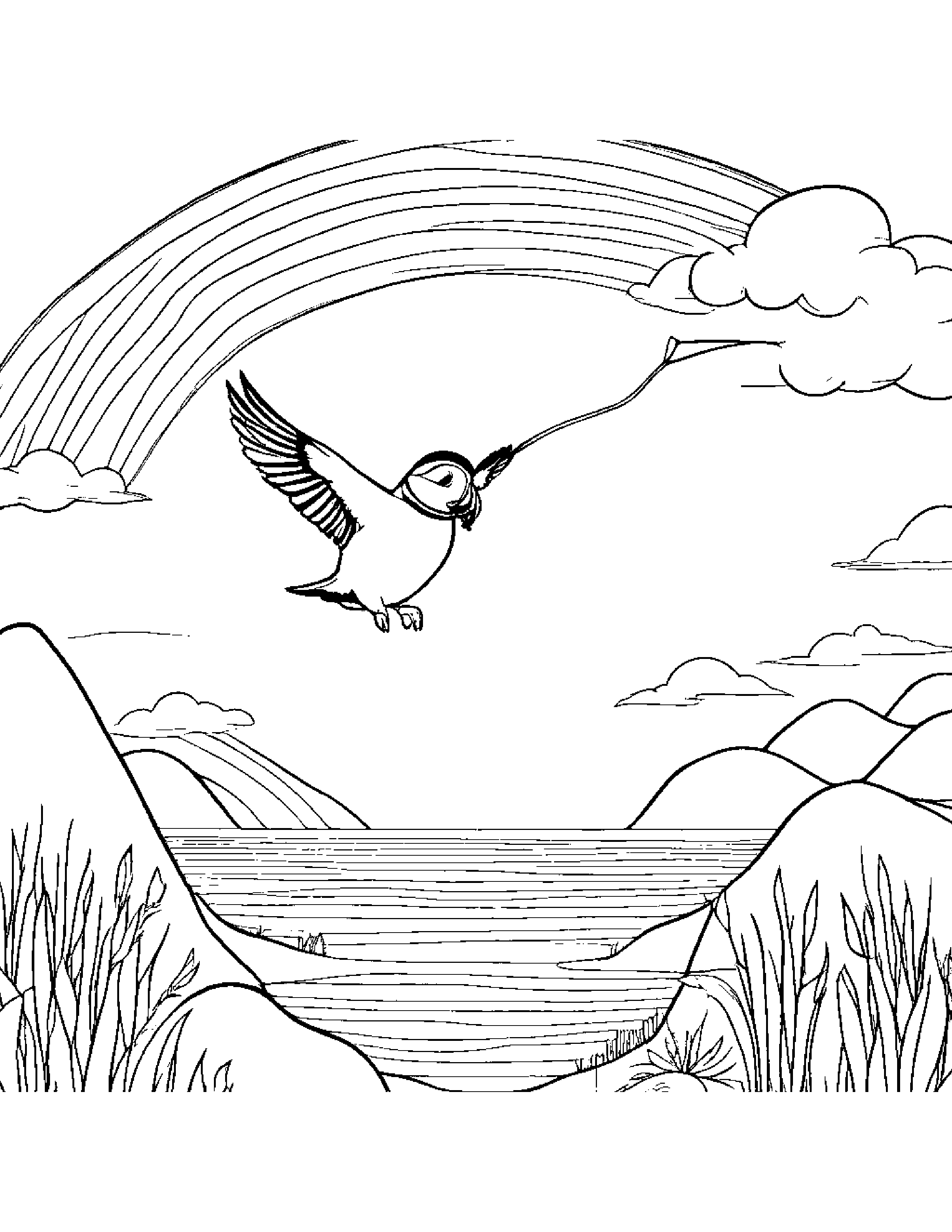 Puffin Flying A Kite Under A Rainbow #2 Coloring Page (Free Printable PDF)