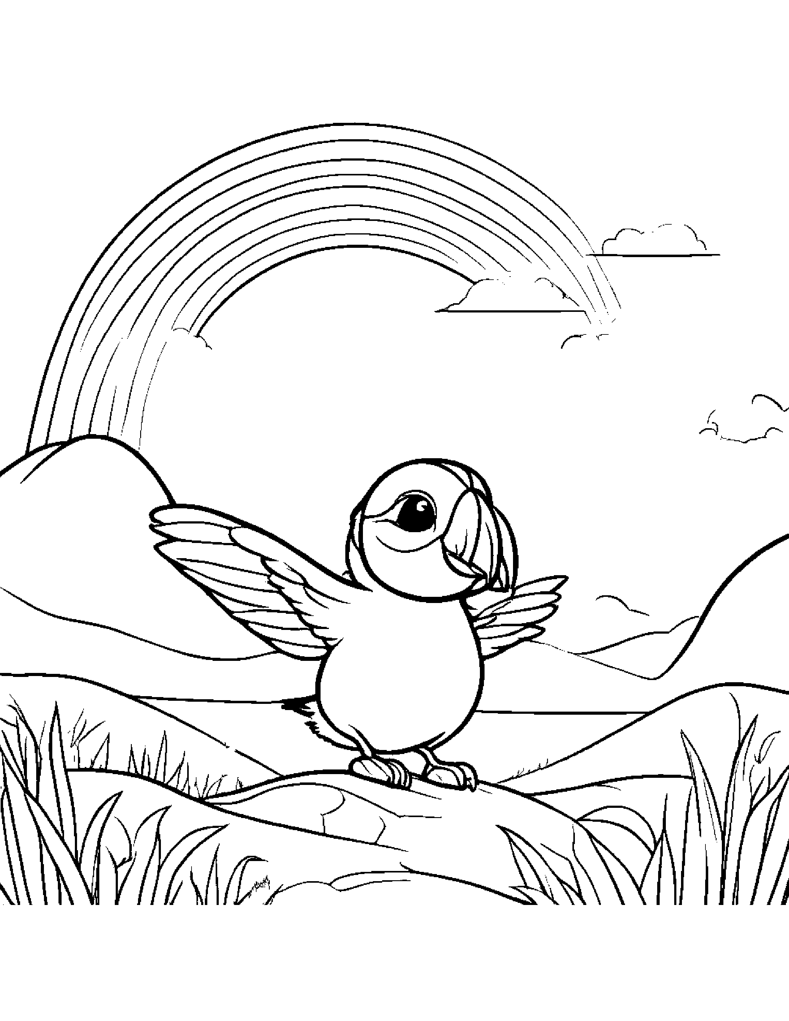 Puffin Flying A Kite Under A Rainbow Coloring Page (Free Printable PDF)