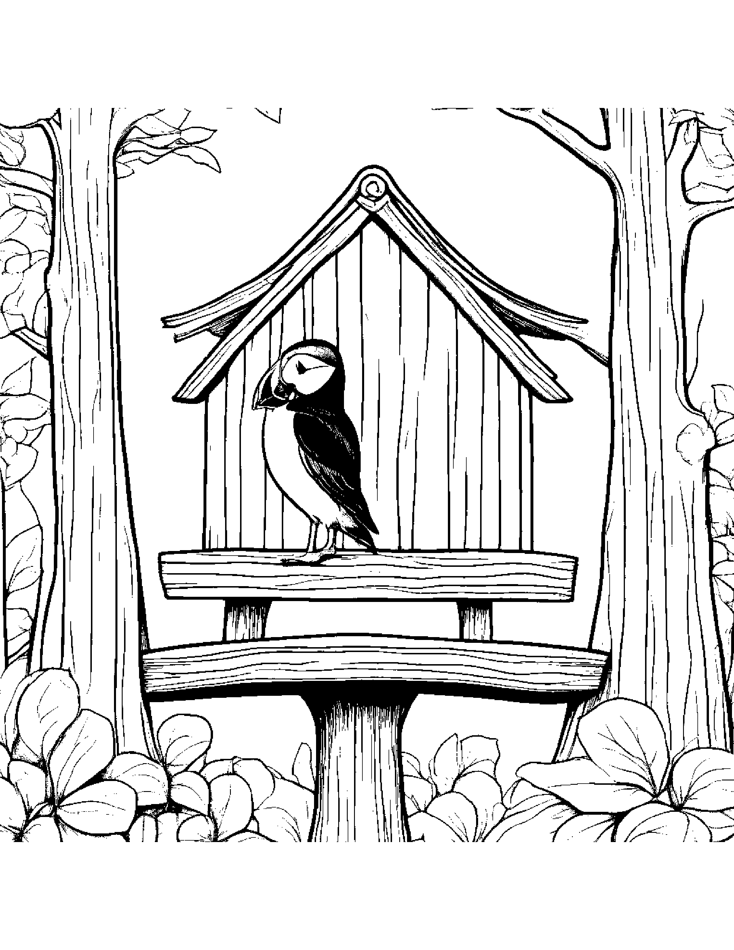 Puffin Learning To Tie A Bow In A Treehouse #2 Coloring Page (Free Printable PDF)
