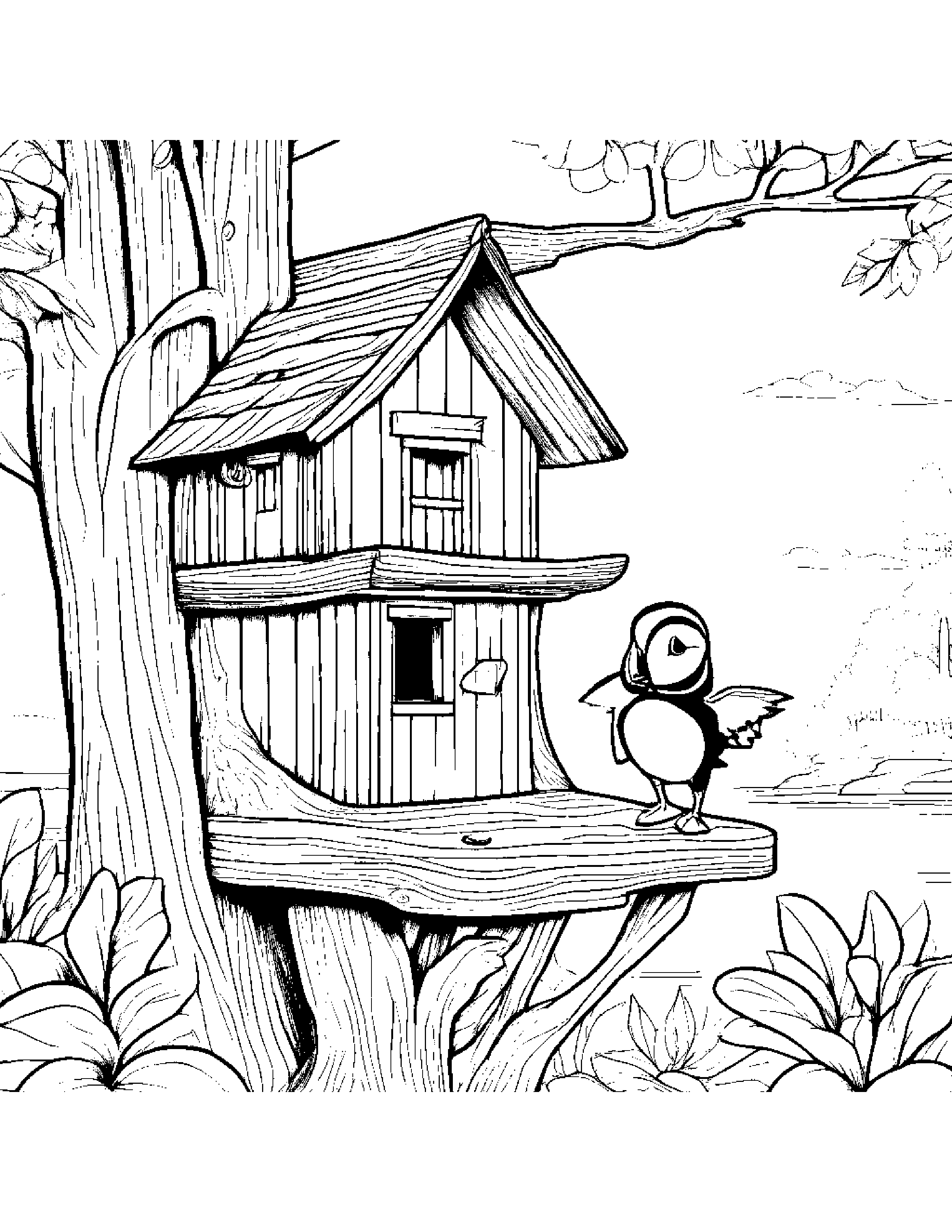 Puffin Learning To Tie A Bow In A Treehouse #3 Coloring Page (Free Printable PDF)
