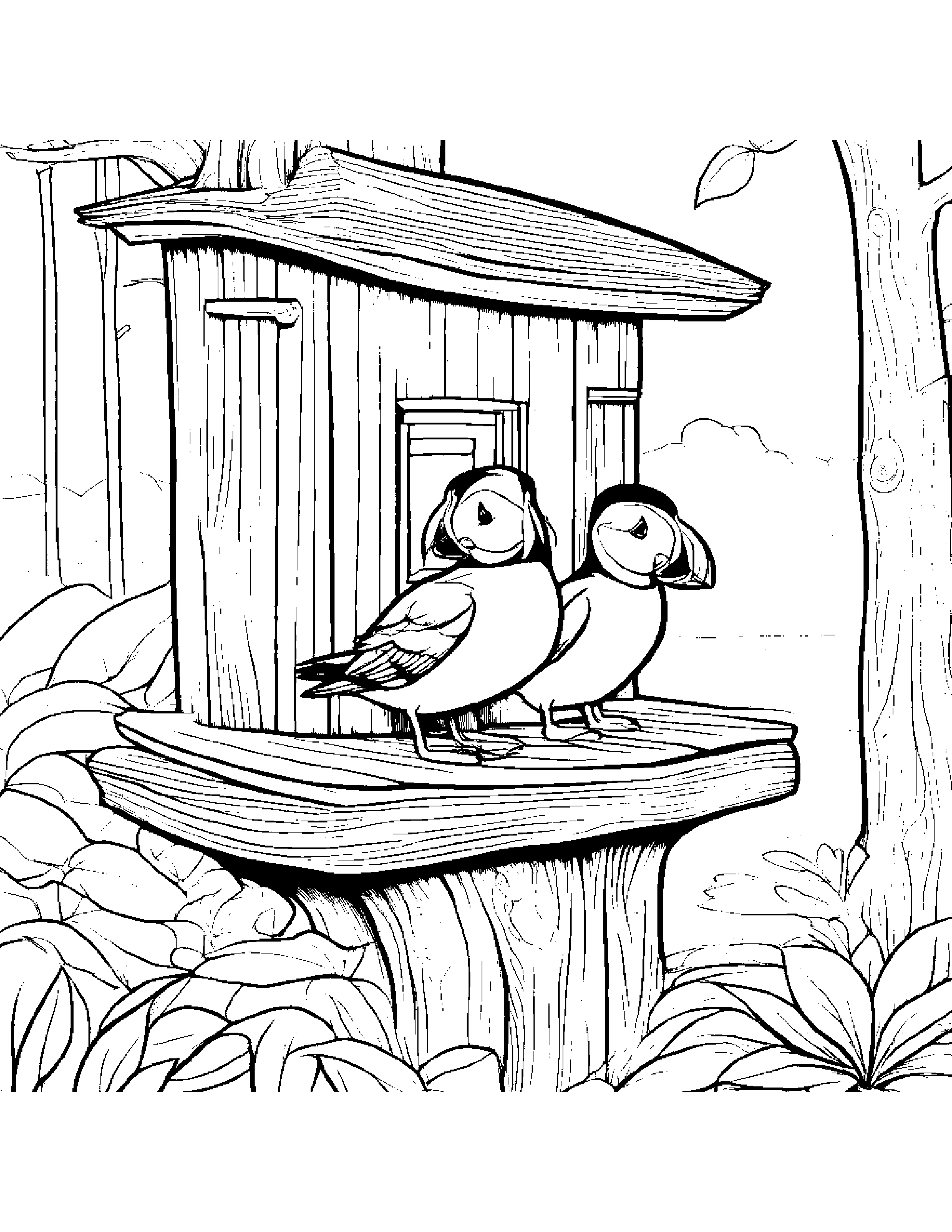Puffin Learning To Tie A Bow In A Treehouse #4 Coloring Page (Free Printable PDF)