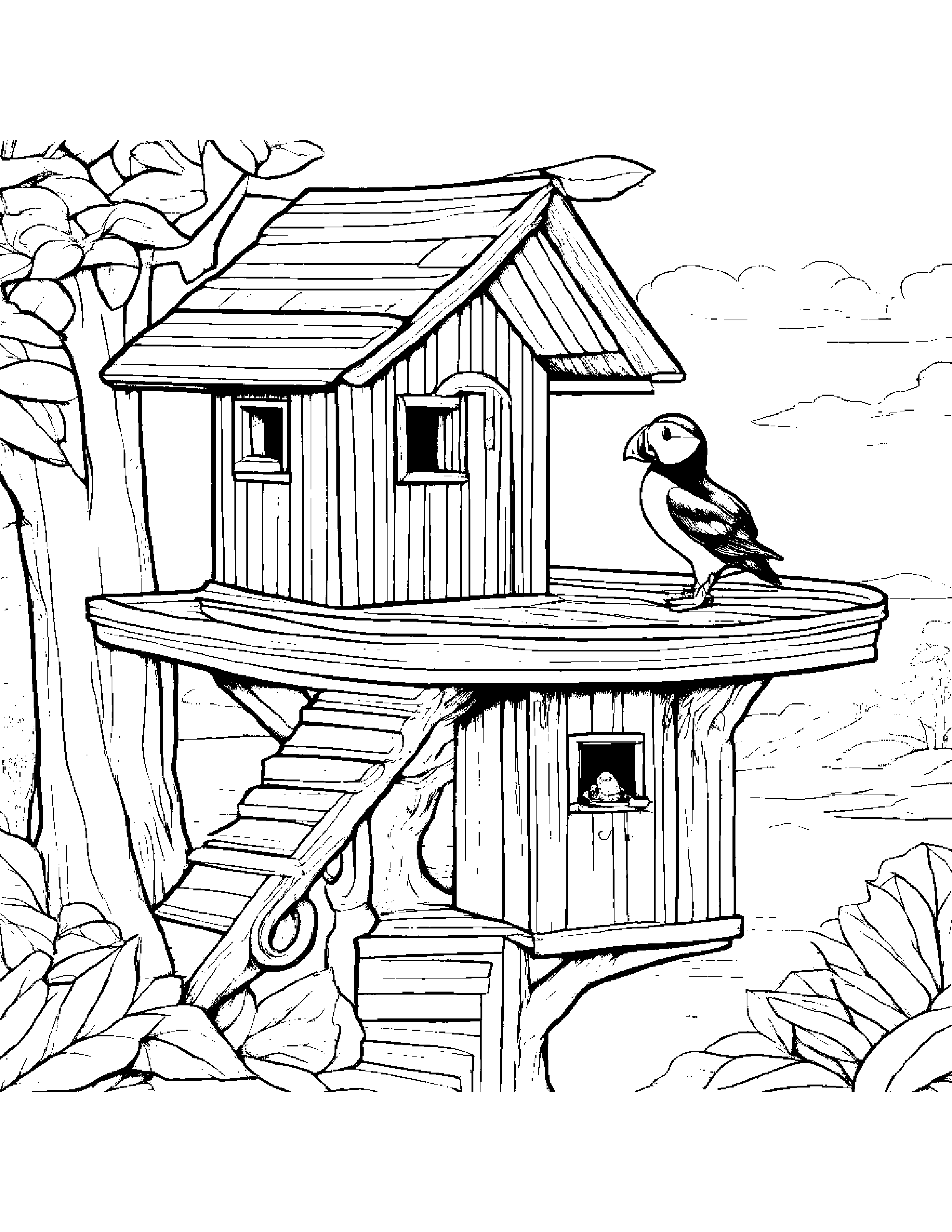 Puffin Learning To Tie A Bow In A Treehouse #5 Coloring Page (Free Printable PDF)