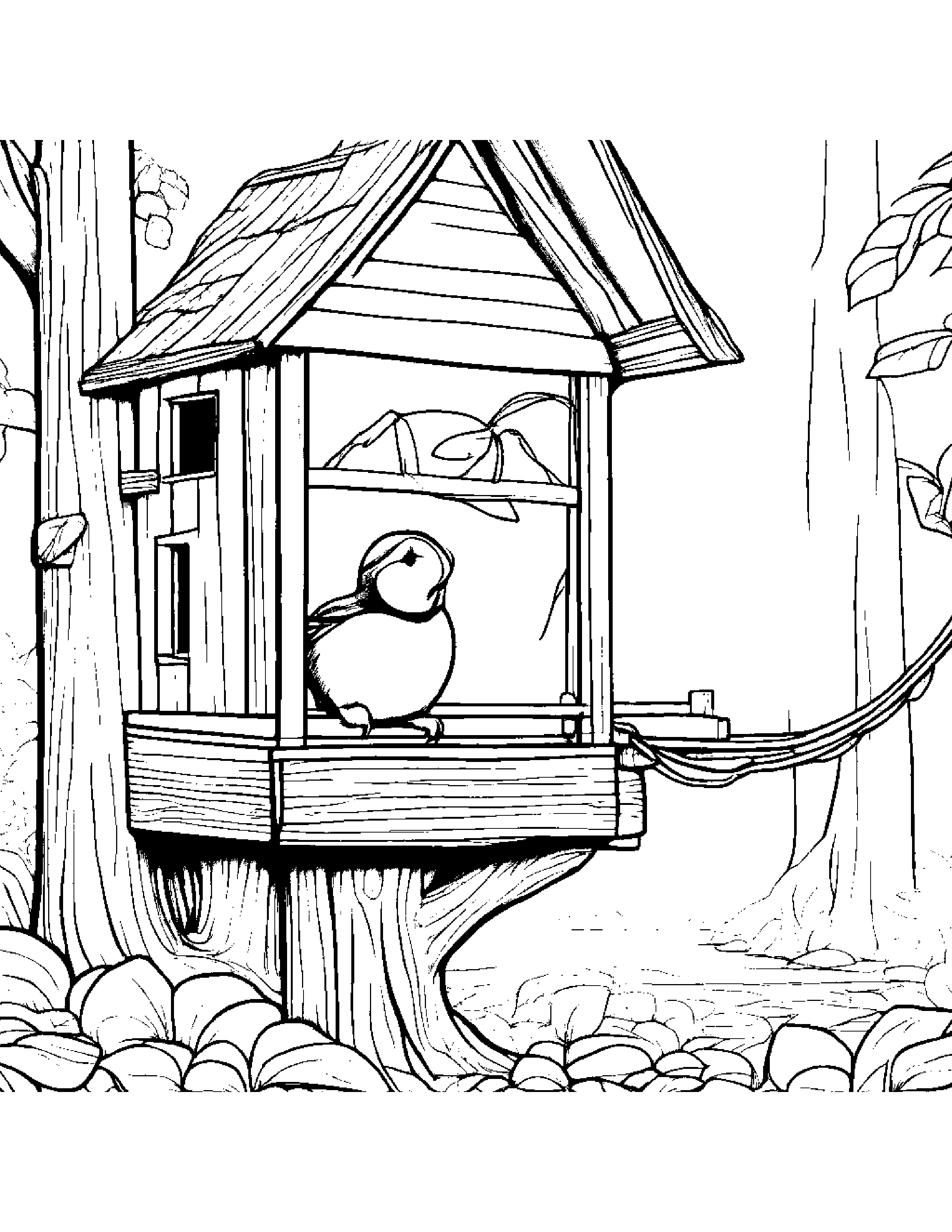 Puffin Learning To Tie A Bow In A Treehouse Coloring Page (Free Printable PDF)