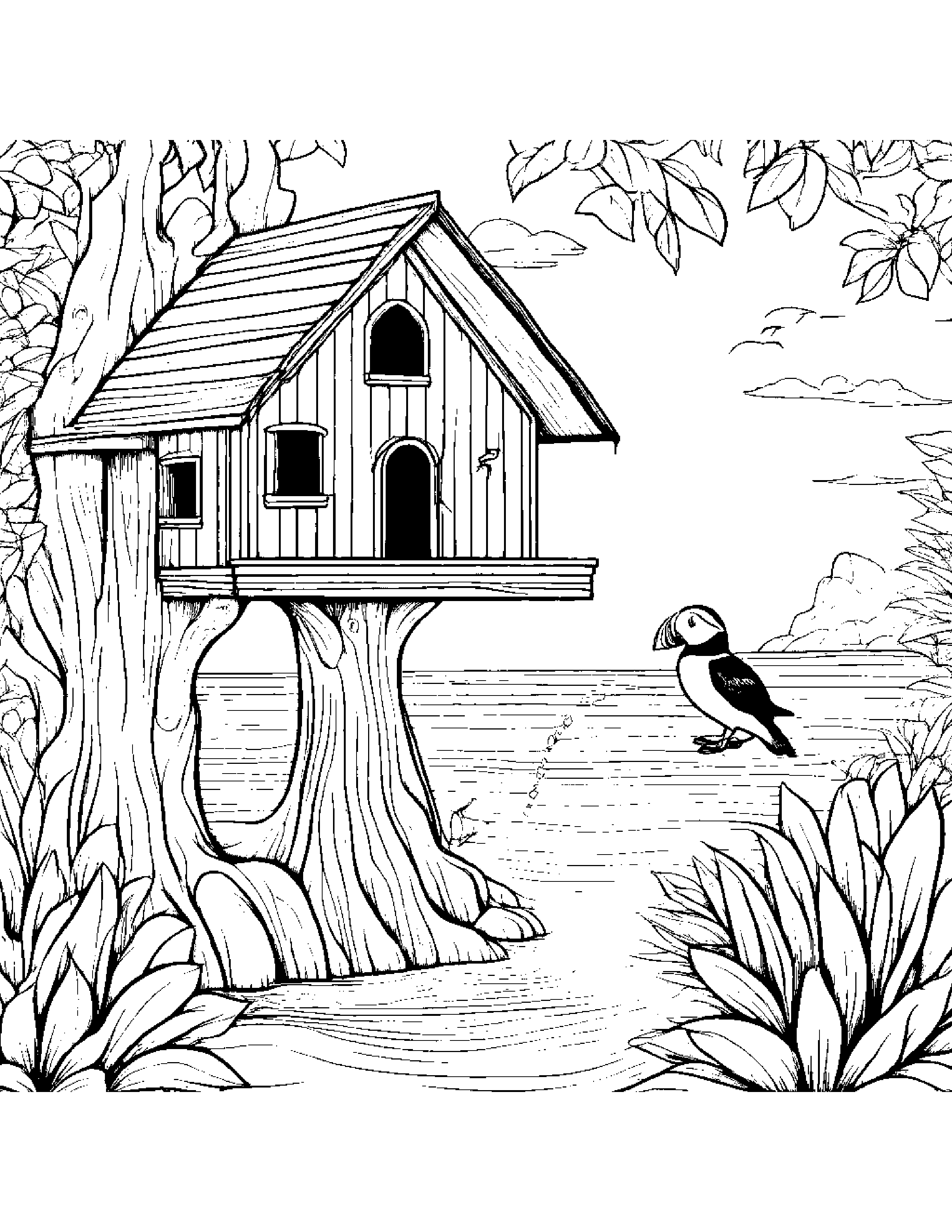 Puffin Watering A Plant In A Treehouse #2 Coloring Page (Free Printable PDF)