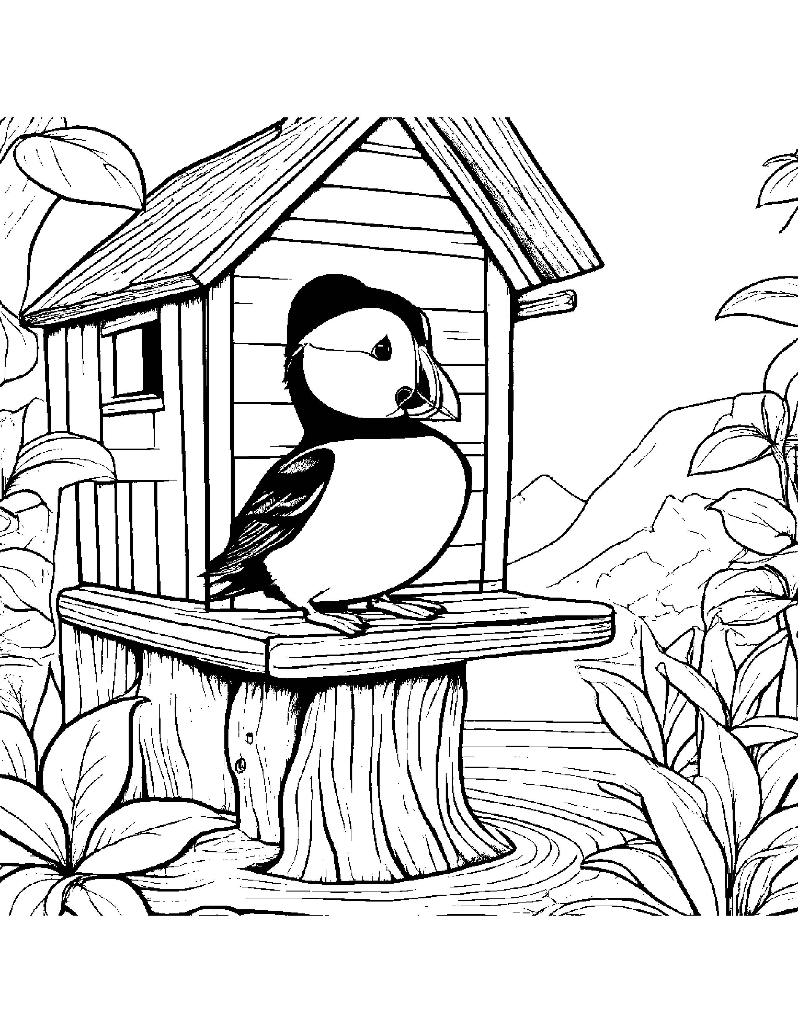 Puffin Watering A Plant In A Treehouse #3 Coloring Page (Free Printable PDF)