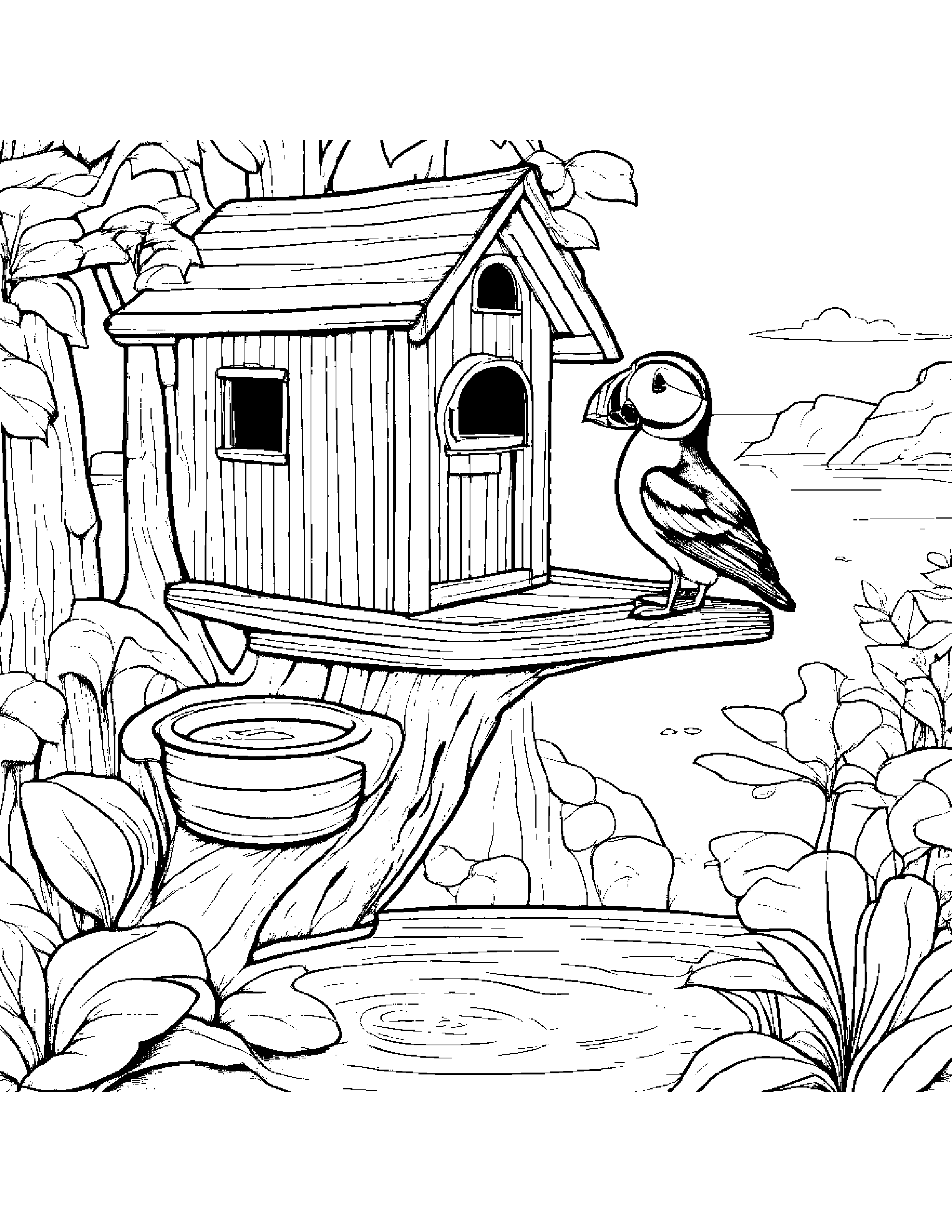 Puffin Watering A Plant In A Treehouse #4 Coloring Page (Free Printable PDF)