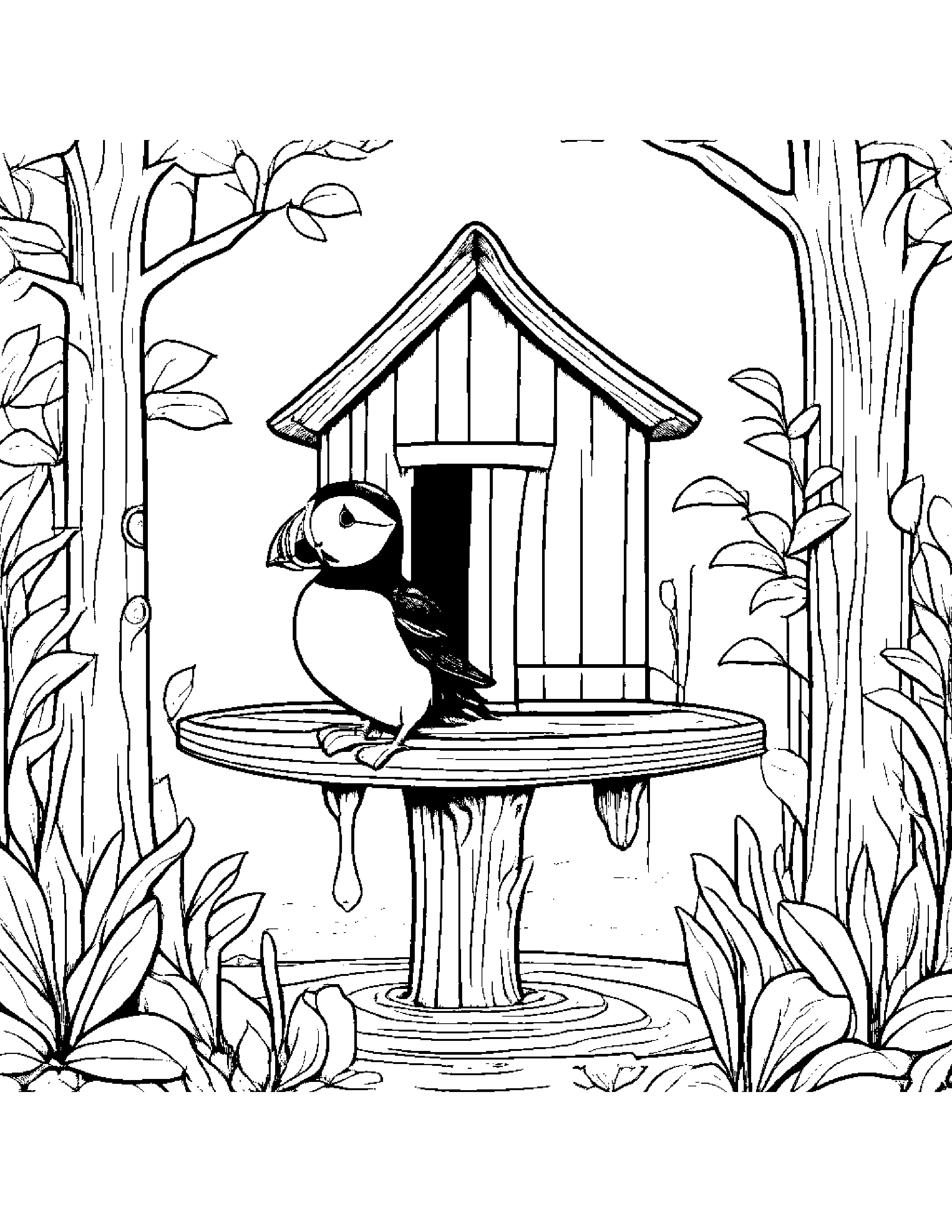 Puffin Watering A Plant In A Treehouse Coloring Page (Free Printable PDF)