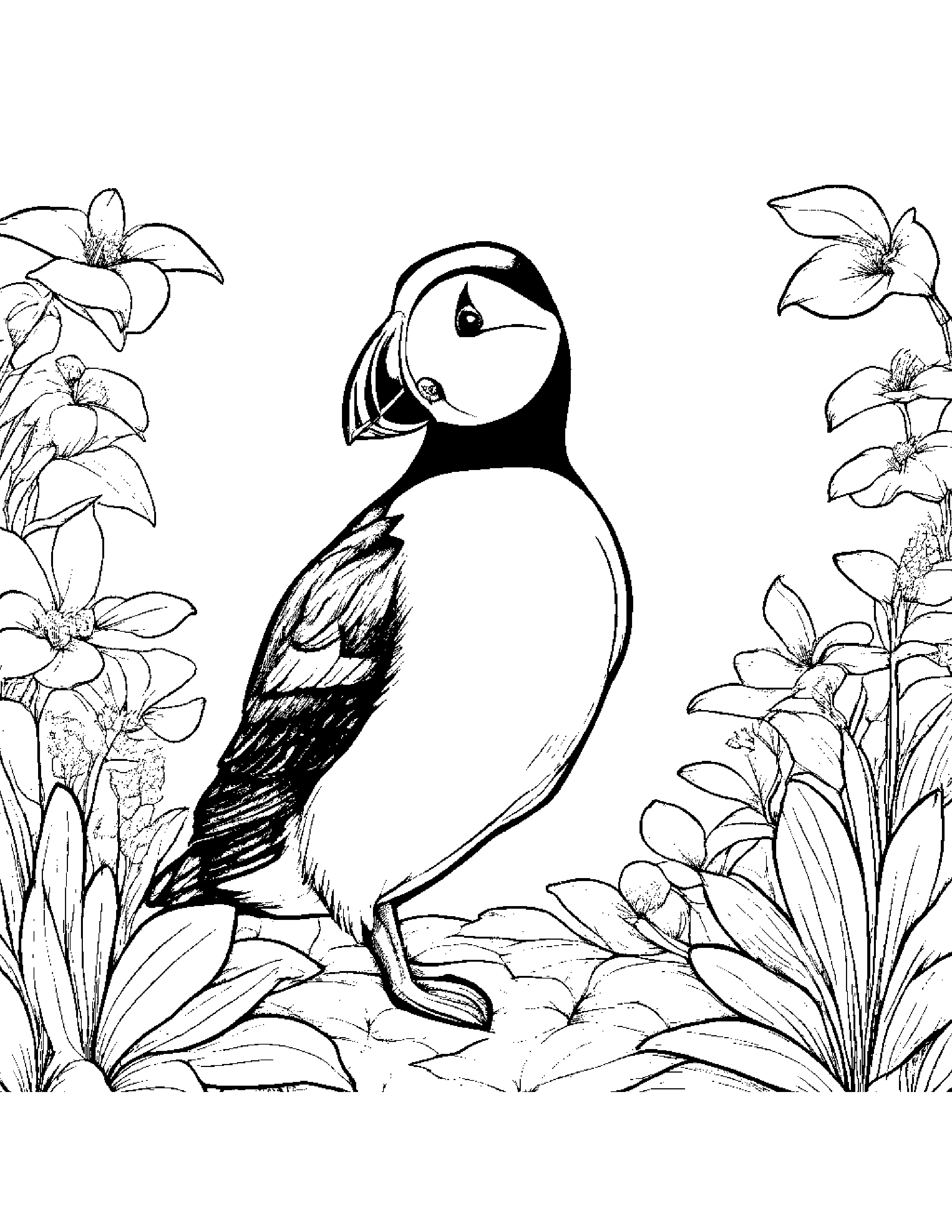 Puffin With A Soft Scarf In A Cozy Garden #2 Coloring Page (Free Printable PDF)