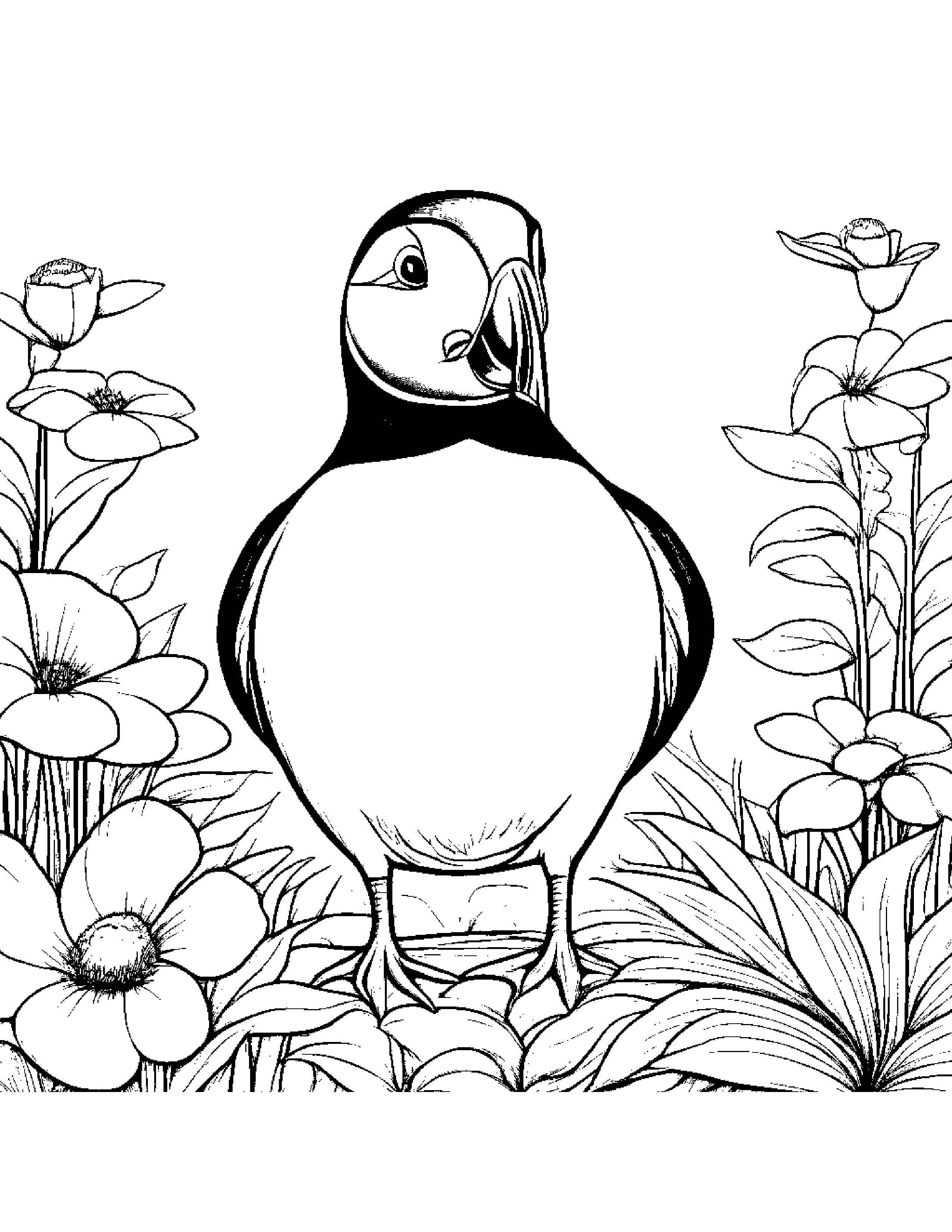 Puffin With A Soft Scarf In A Cozy Garden #3 Coloring Page (Free Printable PDF)
