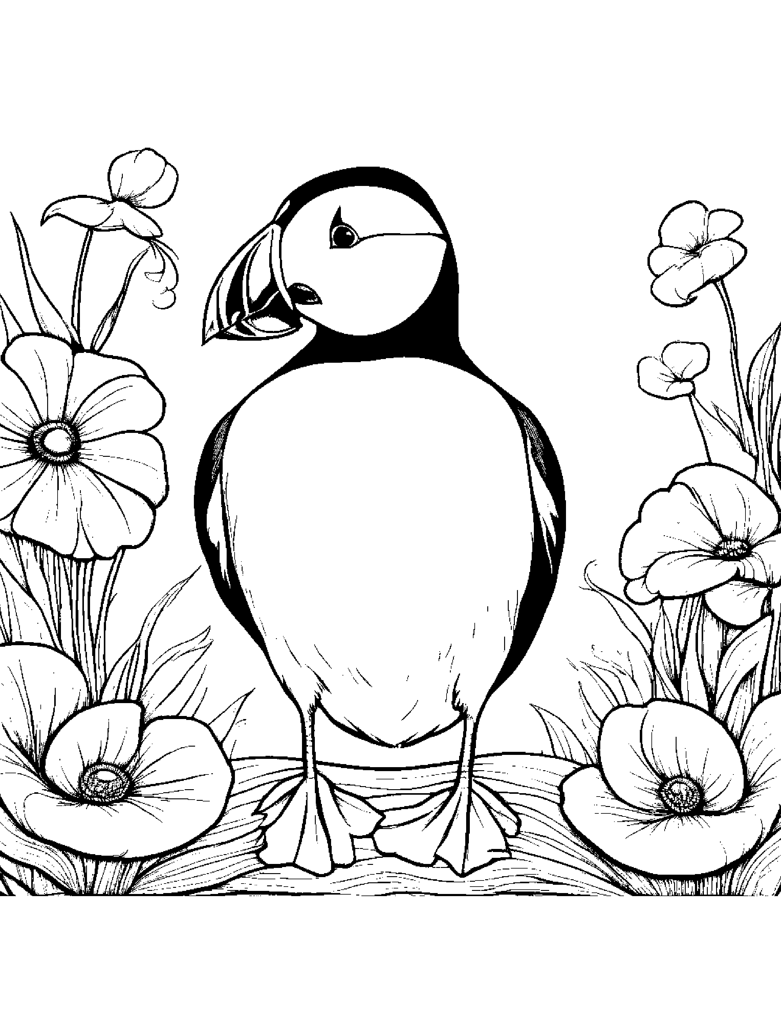 Puffin With A Soft Scarf In A Cozy Garden Coloring Page (Free Printable PDF)
